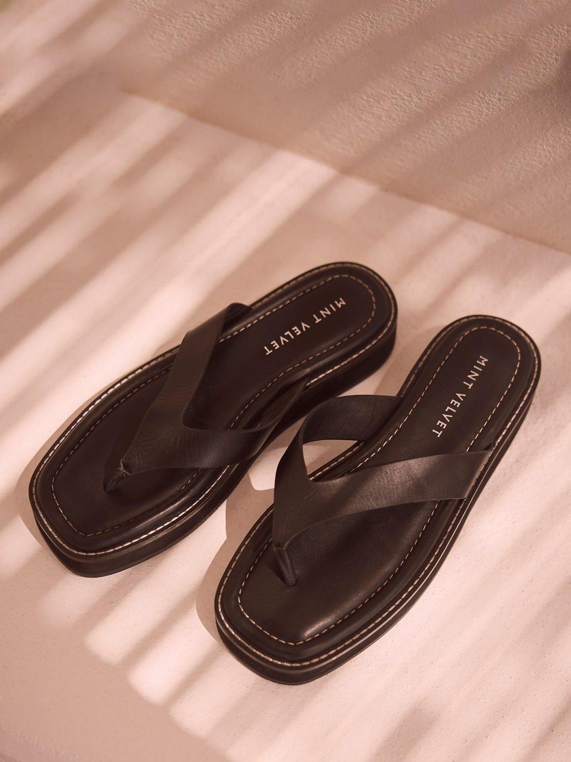Mint Velvet Leather Flip Flop Sandals Black