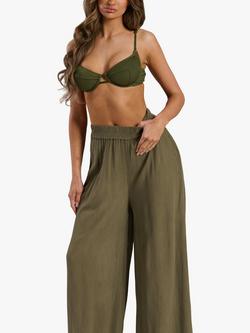 South Beach Crinkle Wide Leg Beach Trousers - view 2, Green Khaki