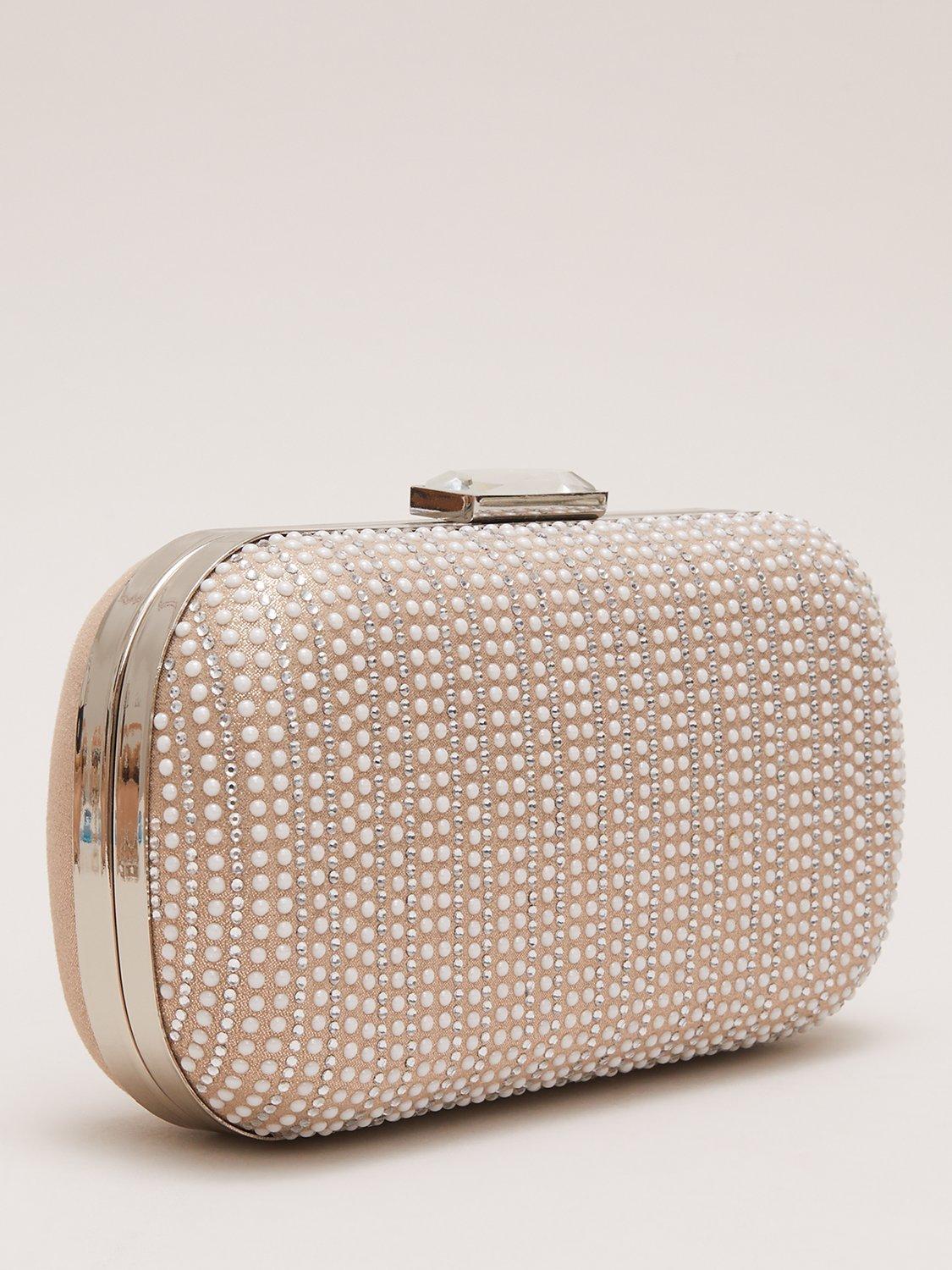 Product image 2 of 8, which shows Phase Eight Pearl Embellished Box Clutch Bag, Metallic