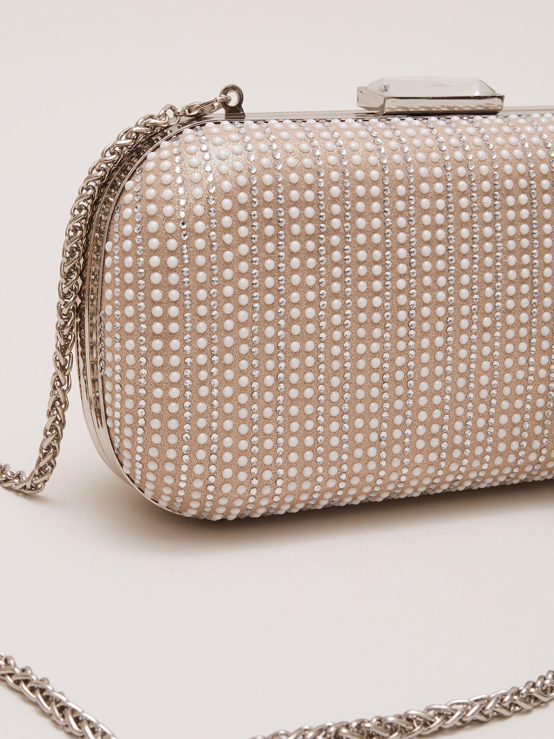 Product image 3 of 8, which shows Phase Eight Pearl Embellished Box Clutch Bag, Metallic