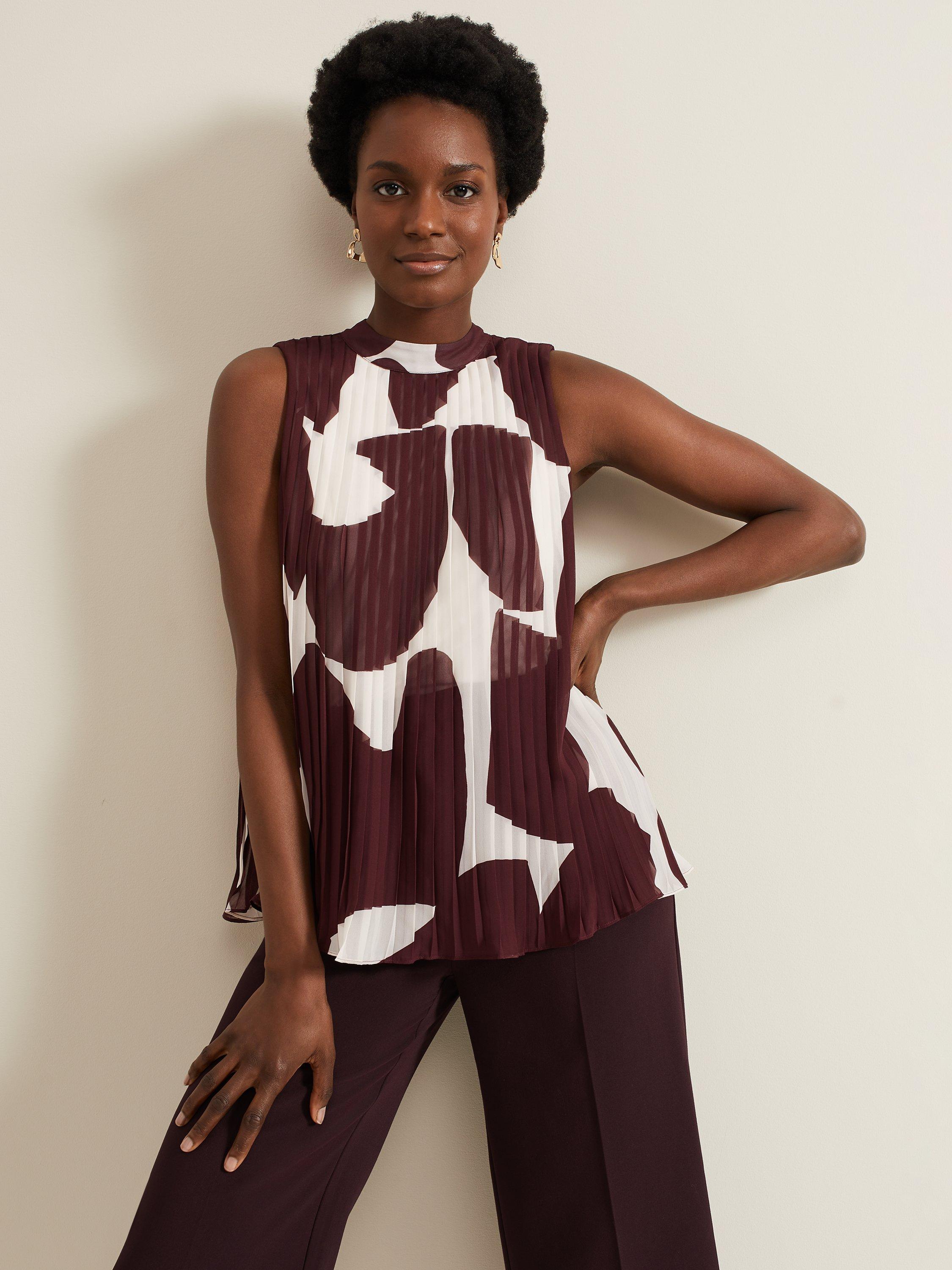 Product image 1 of 7, which shows Phase Eight Nina Abstract Pleated Top, Burgundy, 10