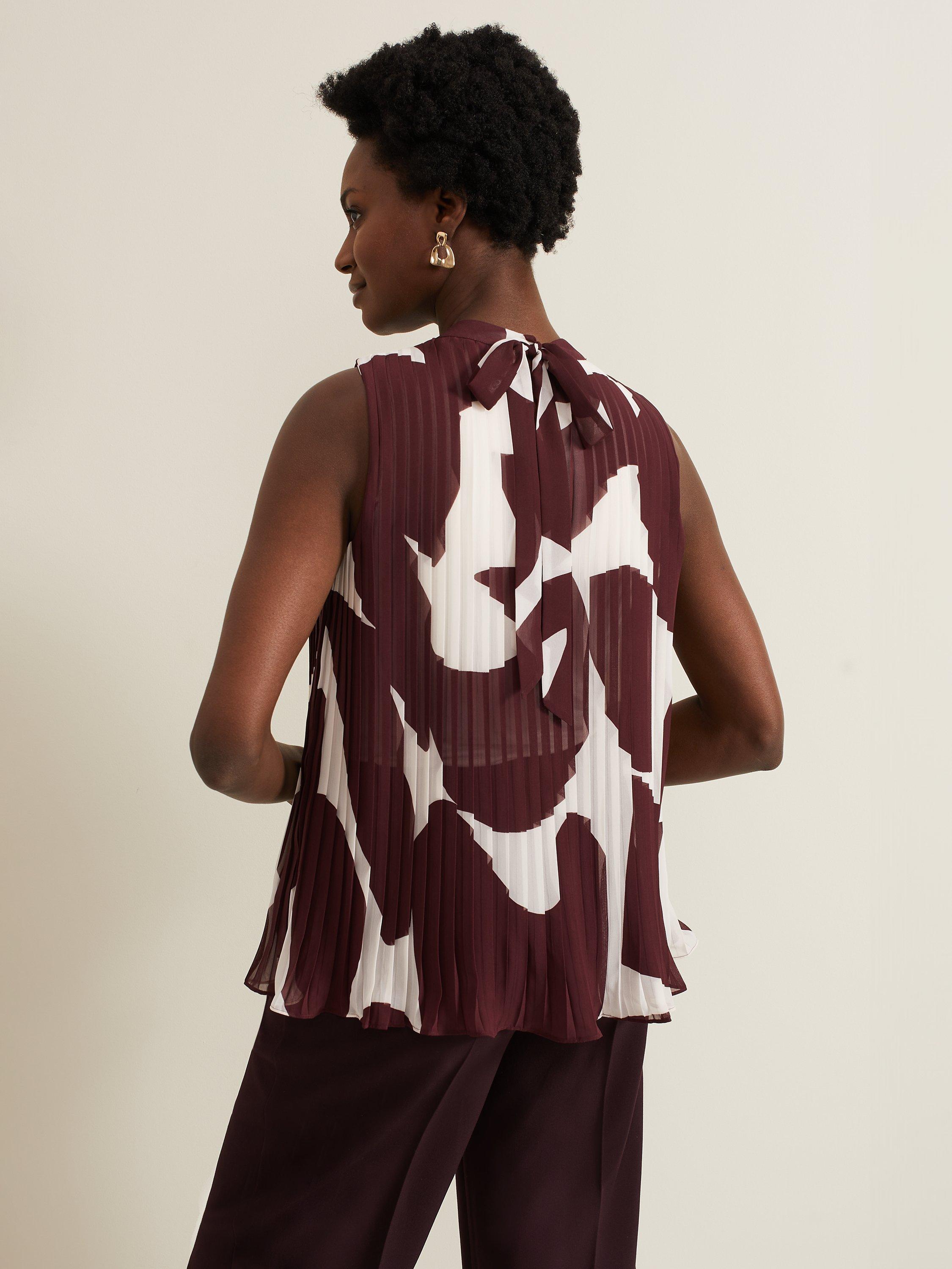 Product image 2 of 7, which shows Phase Eight Nina Abstract Pleated Top, Burgundy, 10