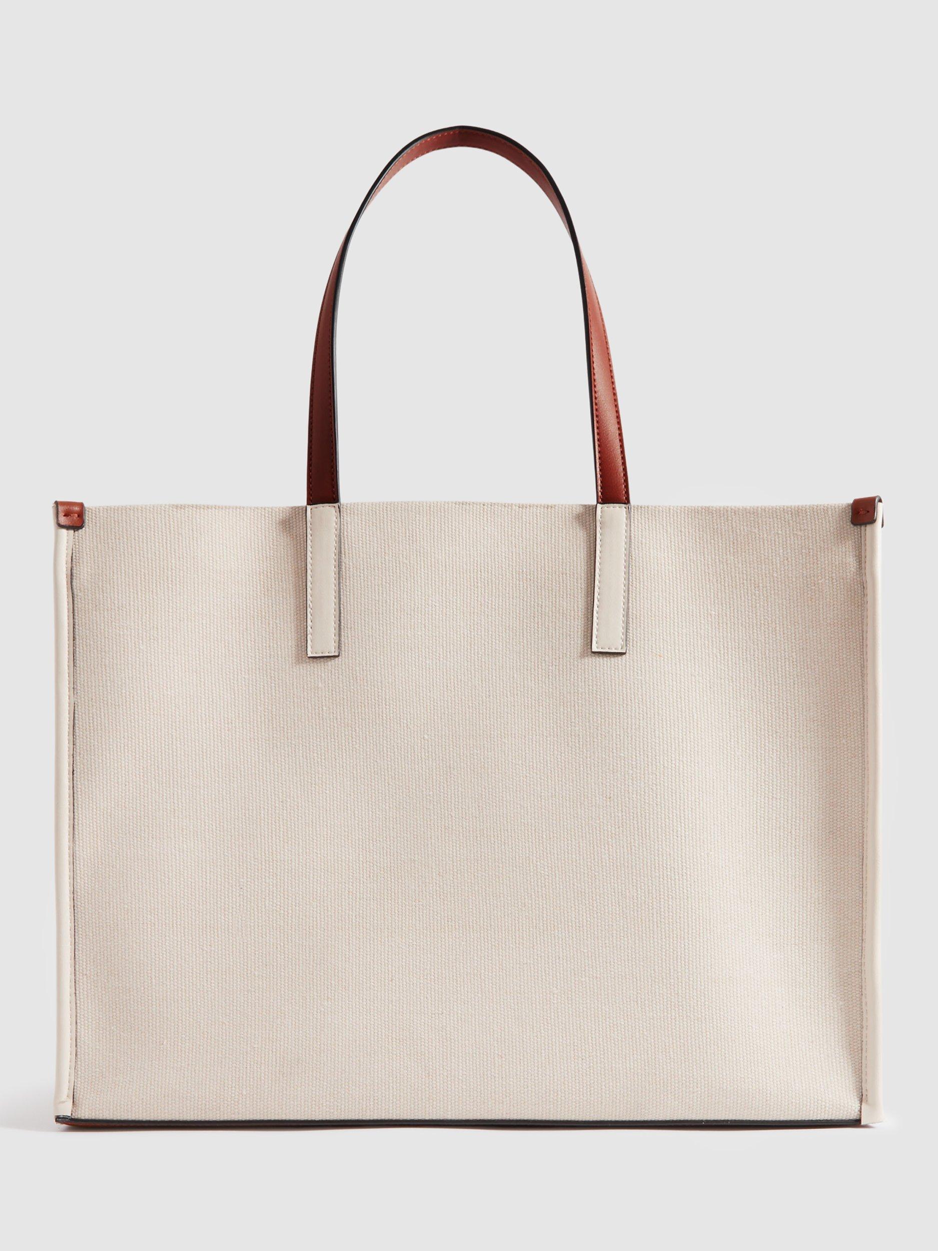 Product image 2 of 5, which shows Reiss Lola Woven Logo Tote Bag, Natural/Tan, One Size