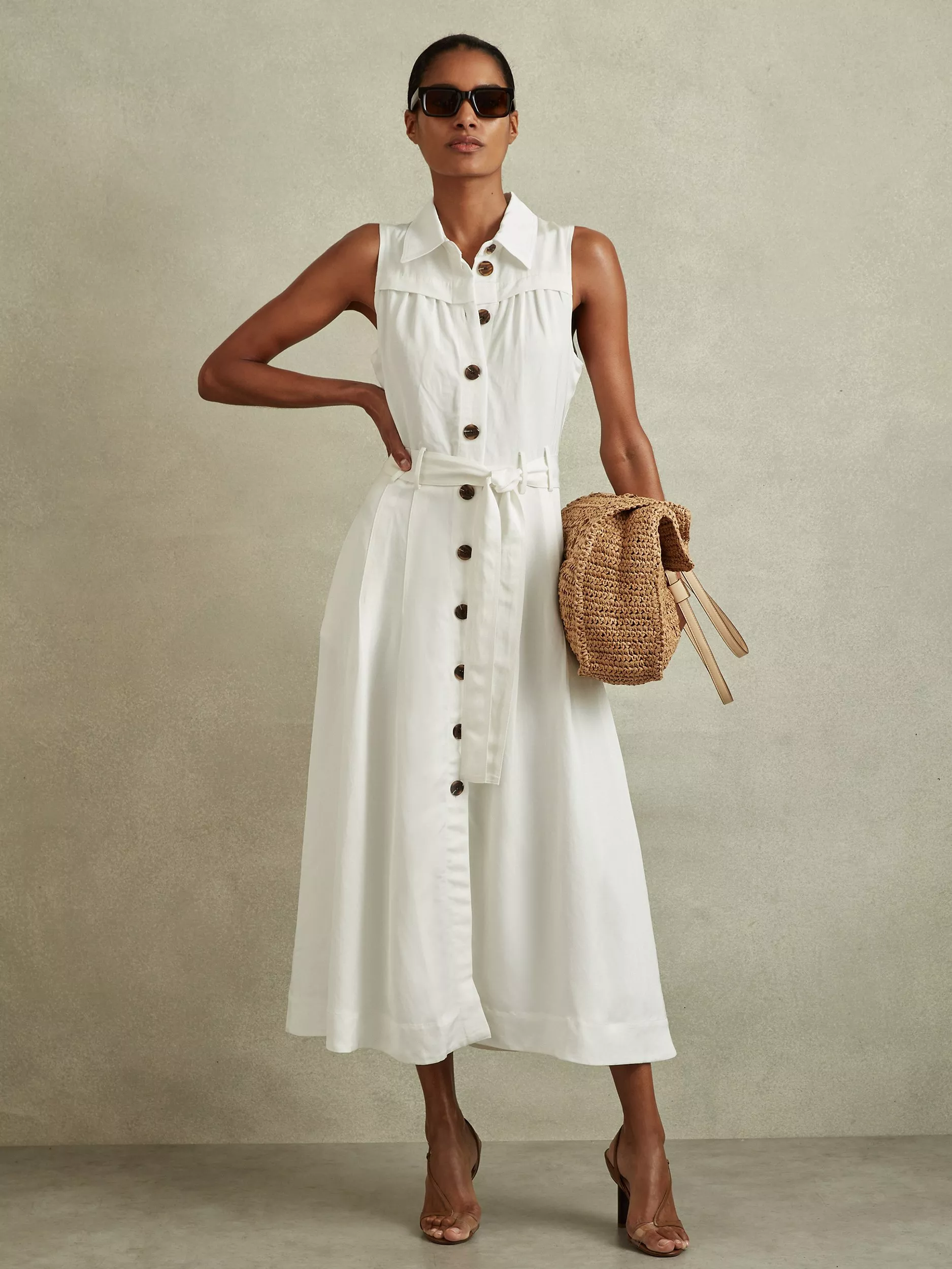 Reiss Petite Heidi Linen Blend Sleeveless Midi Shirt Dress White