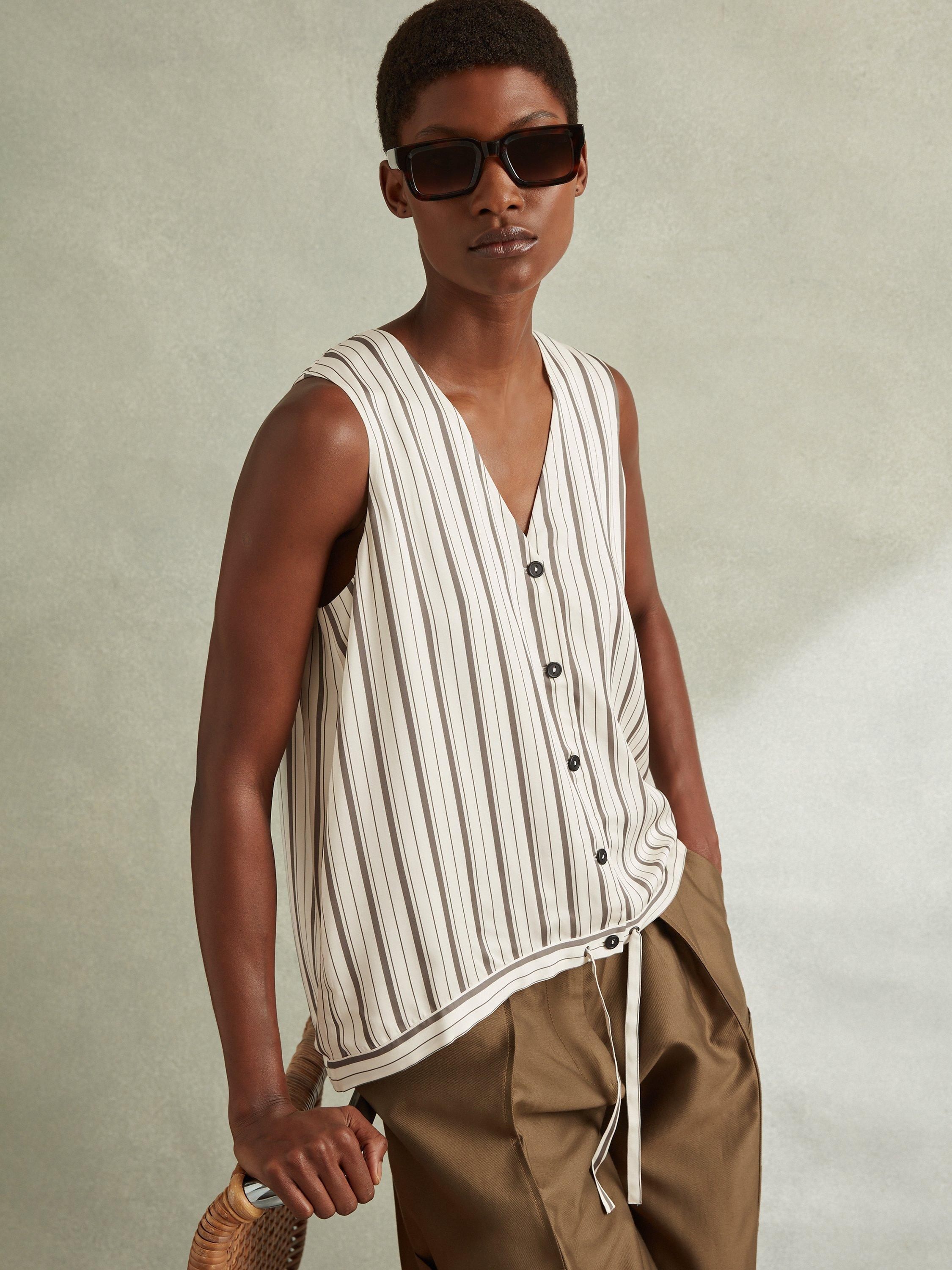 Reiss Francie Striped Drawstring Hem Waistcoat Top, Ivory/Grey