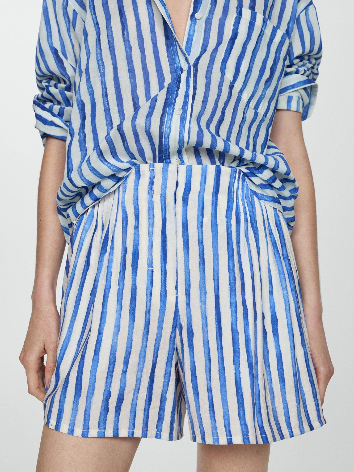 Mango Brenda Striped High Waist Shorts, White/Blue