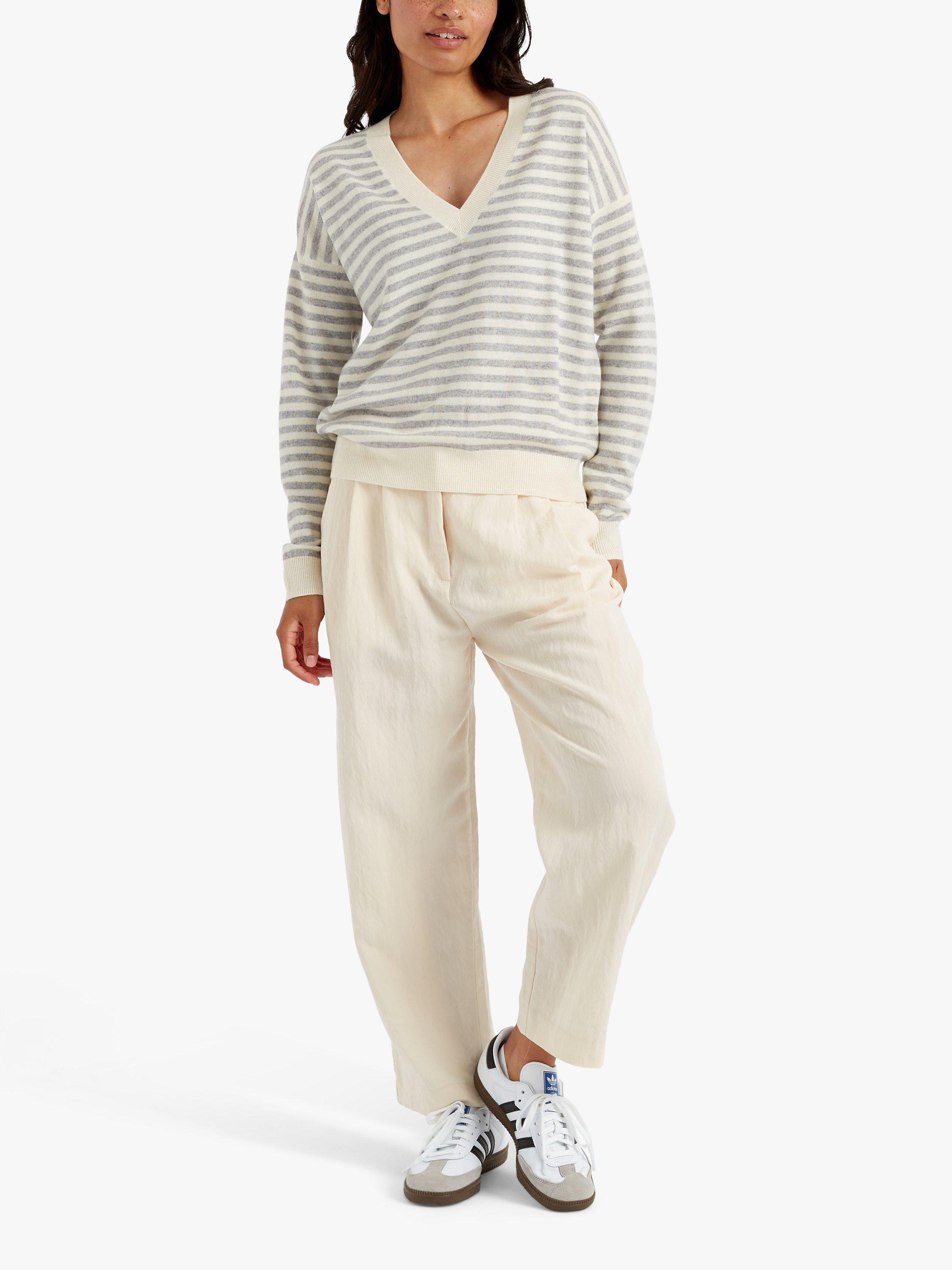 Product image 1 of 3, which shows Chinti & Parker Stripe V-Neck Wool Cashmere Blend Jumper, Cream/Light Grey, XS