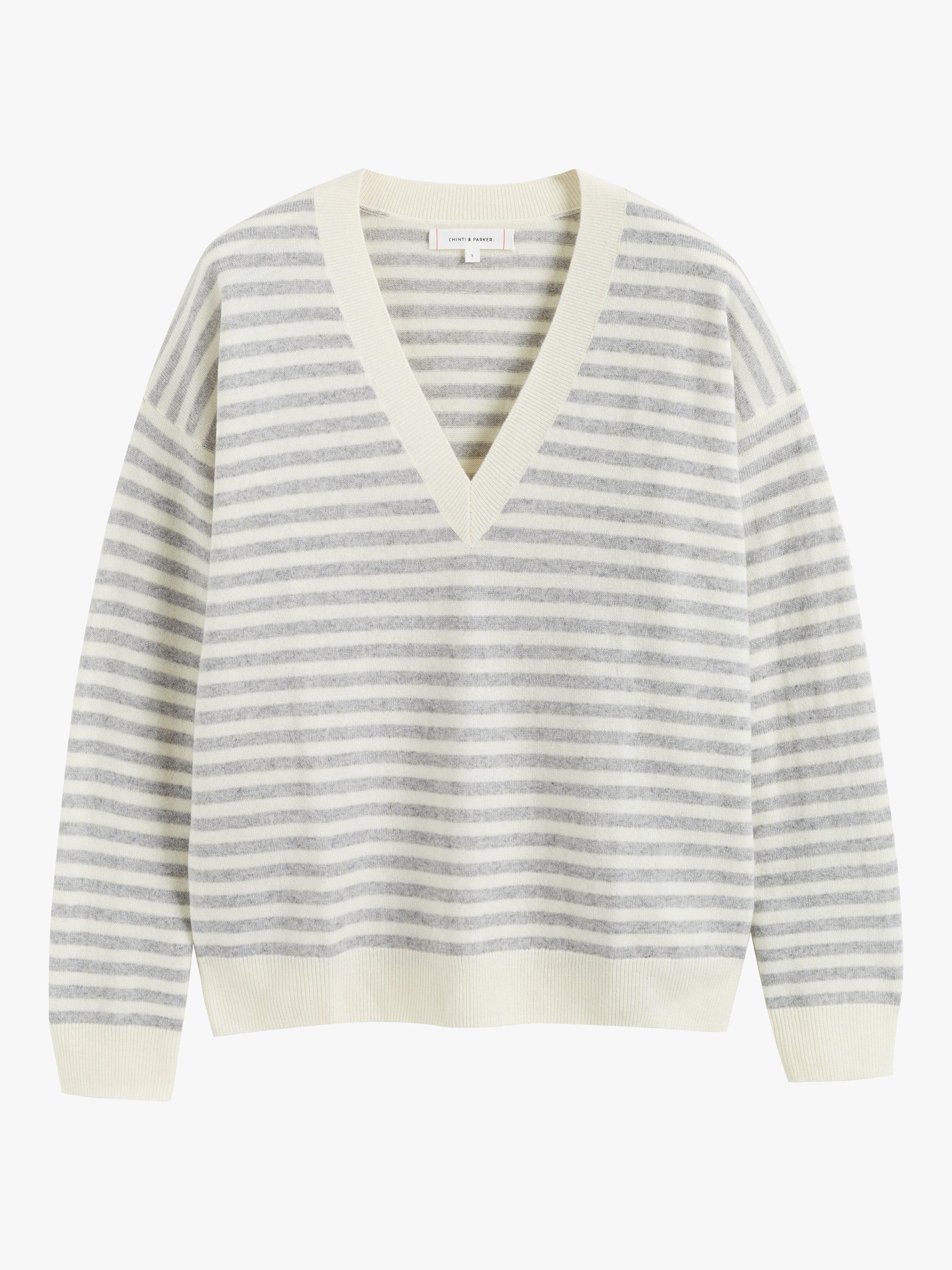 Product image 3 of 3, which shows Chinti & Parker Stripe V-Neck Wool Cashmere Blend Jumper, Cream/Light Grey, XS