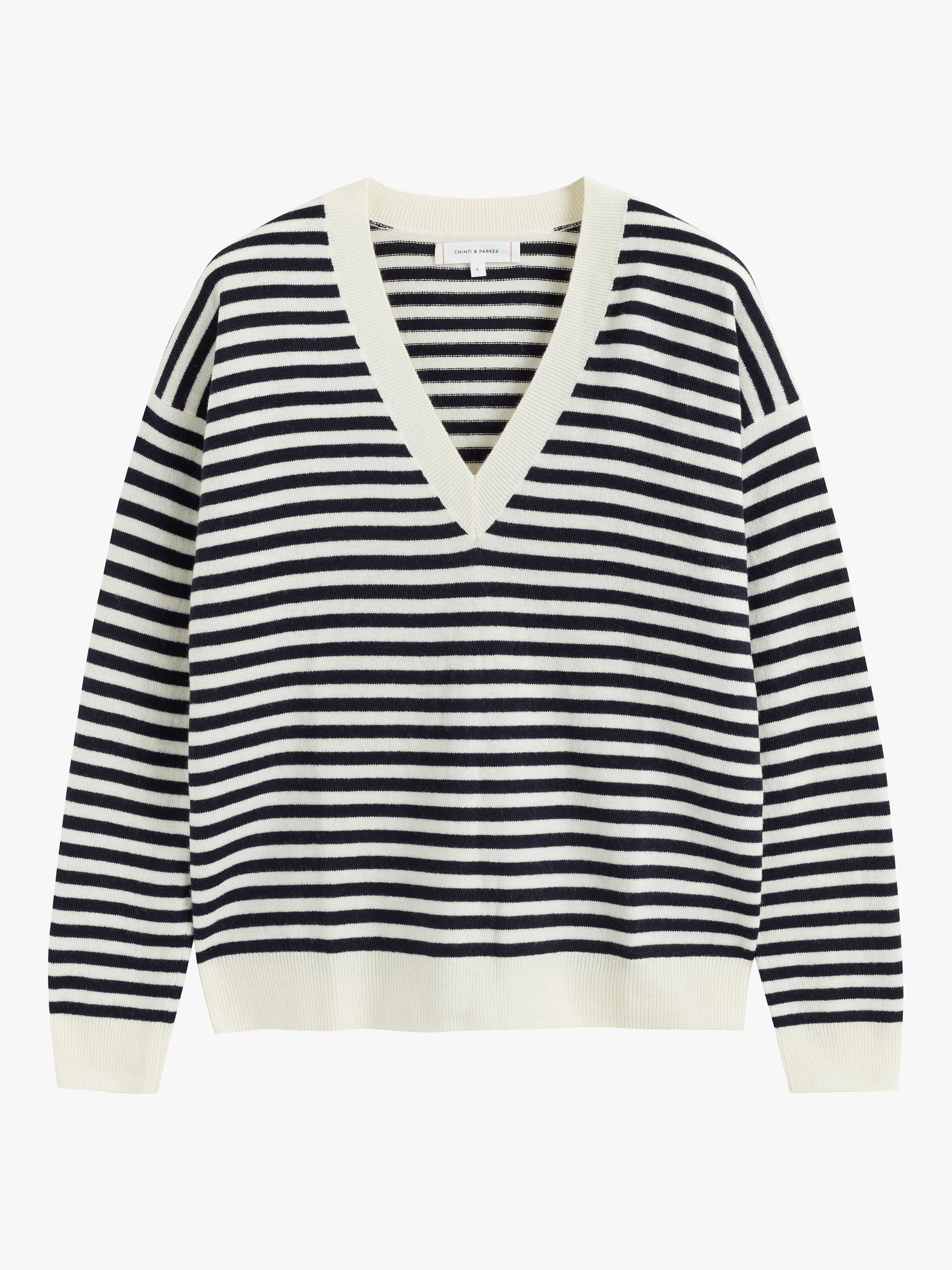 Product image 3 of 3, which shows Chinti & Parker Stripe V-Neck Wool Cashmere Blend Jumper, Cream/Navy, XS