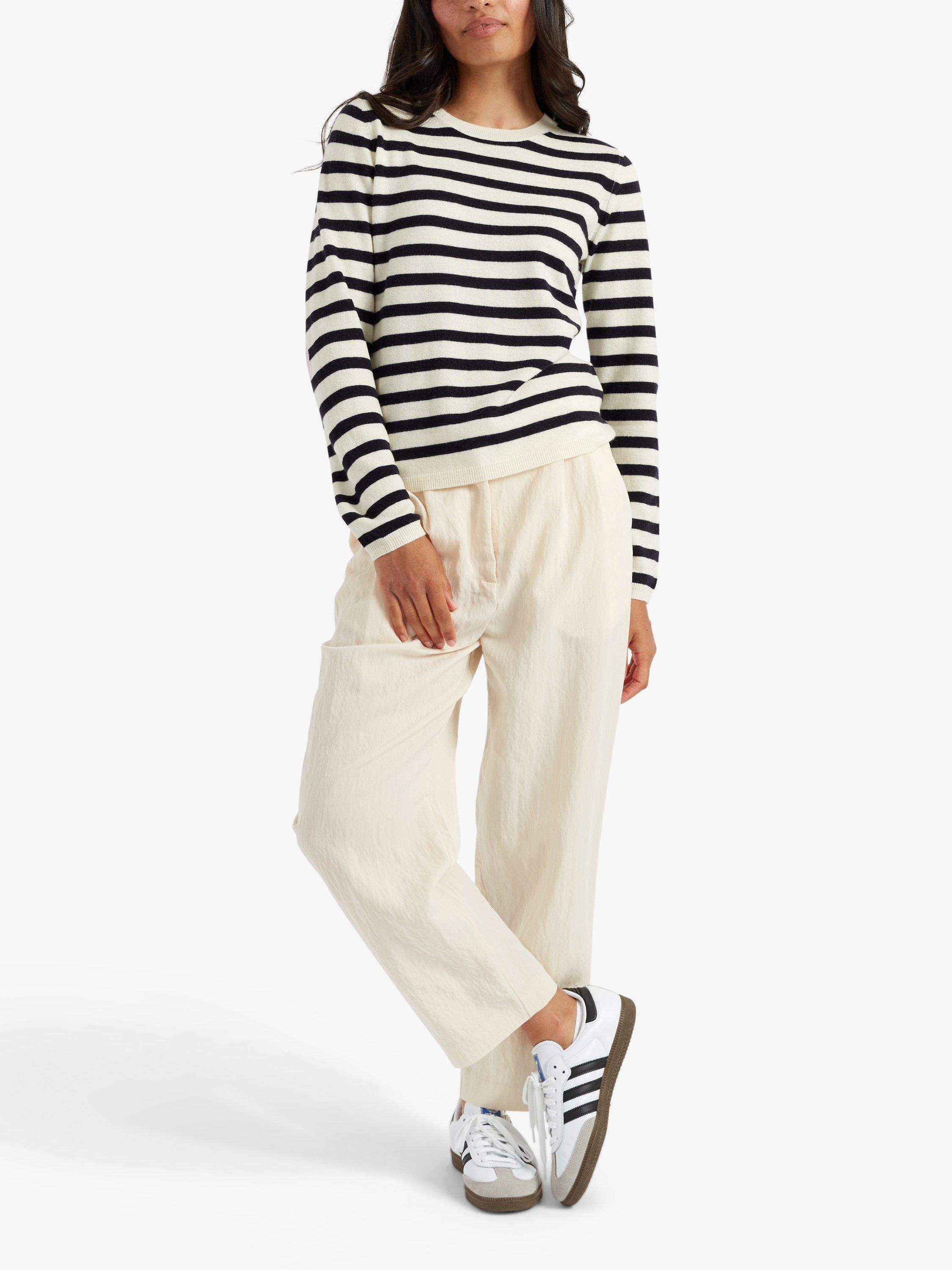 Product image 1 of 3, which shows Chinti & Parker Heart Breton Stripe Wool Cashmere Blend Jumper, Cream/Navy/Pink, XS