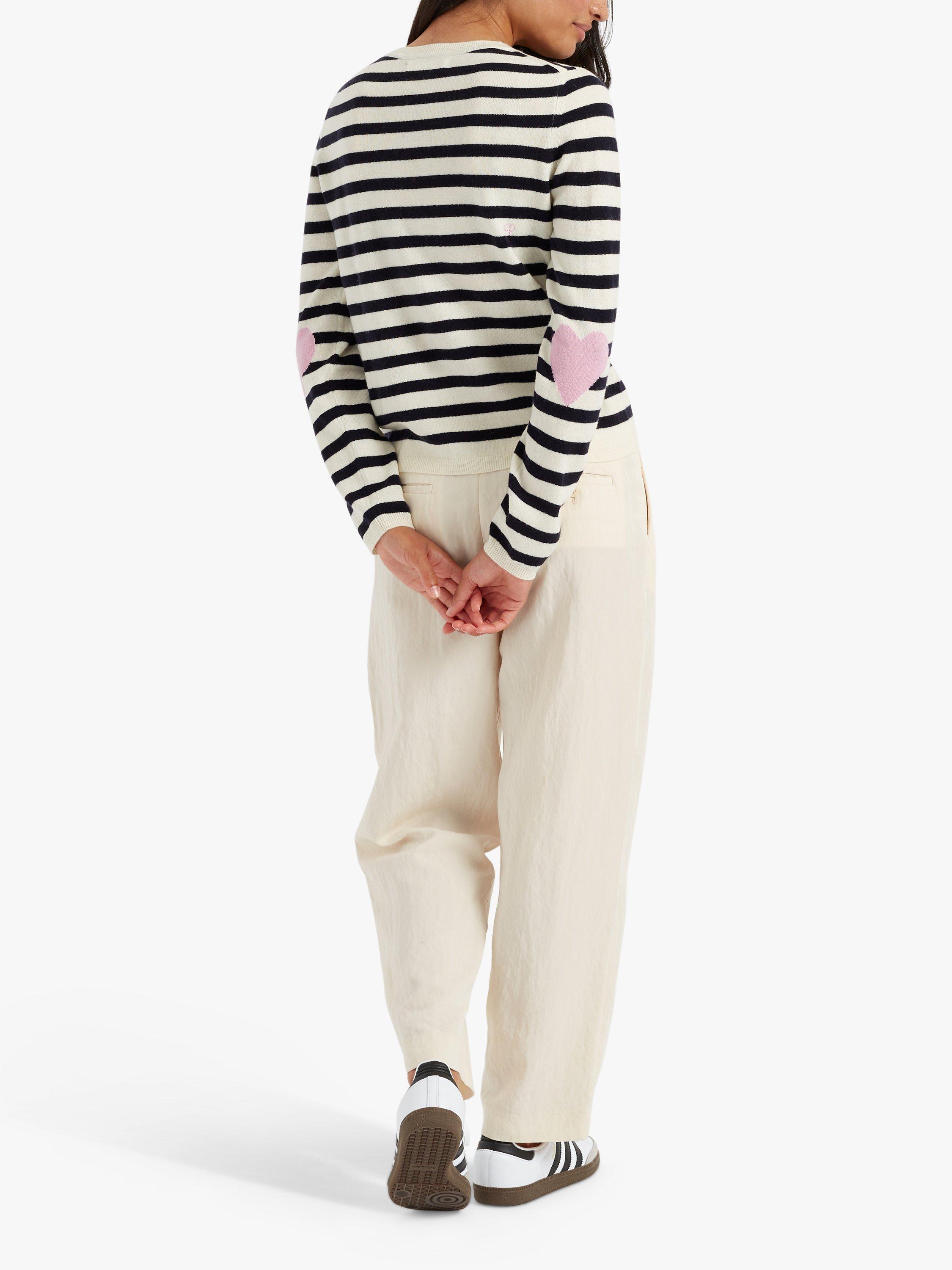Product image 2 of 3, which shows Chinti & Parker Heart Breton Stripe Wool Cashmere Blend Jumper, Cream/Navy/Pink, XS