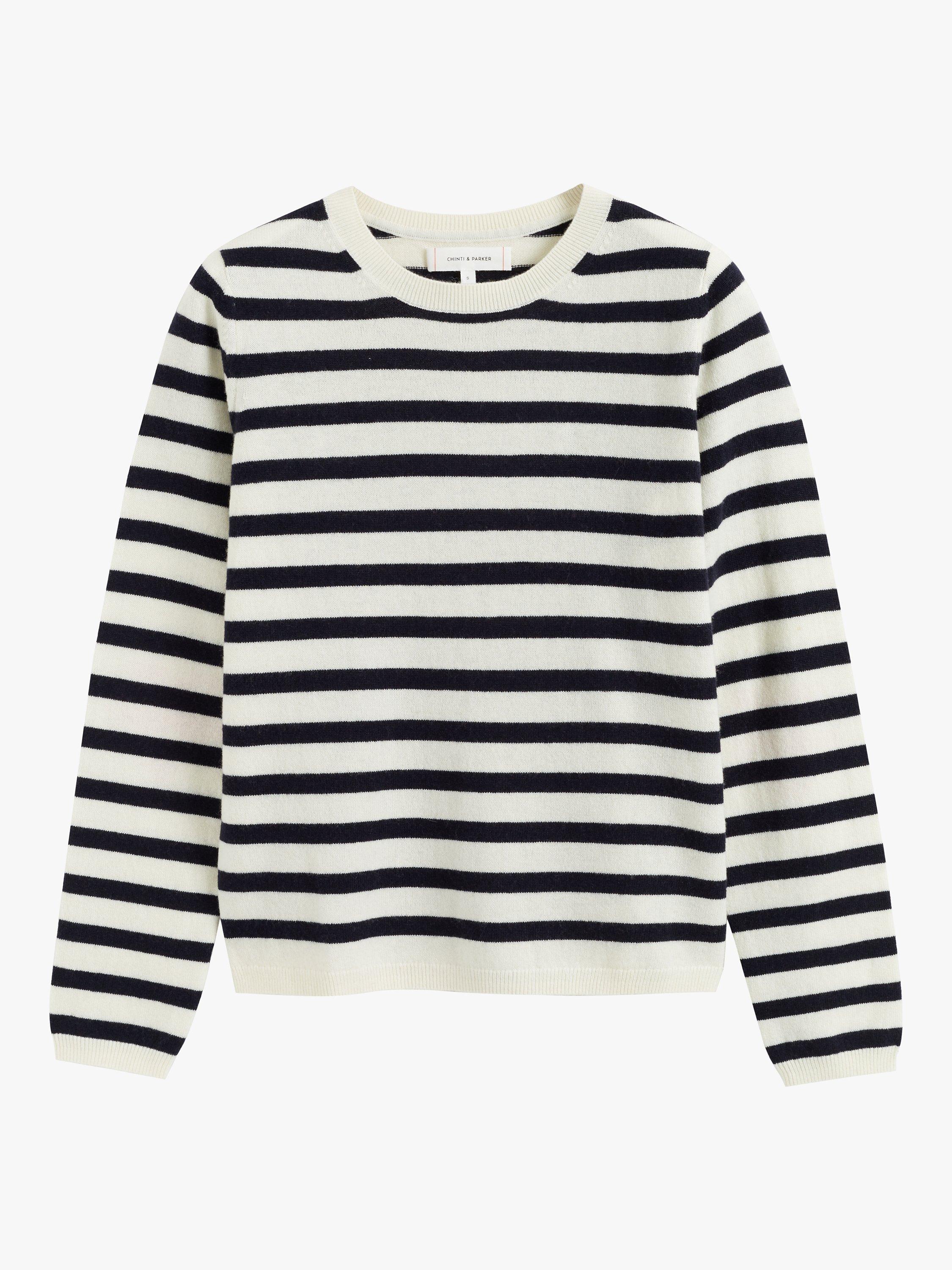 Product image 3 of 3, which shows Chinti & Parker Heart Breton Stripe Wool Cashmere Blend Jumper, Cream/Navy/Pink, XS