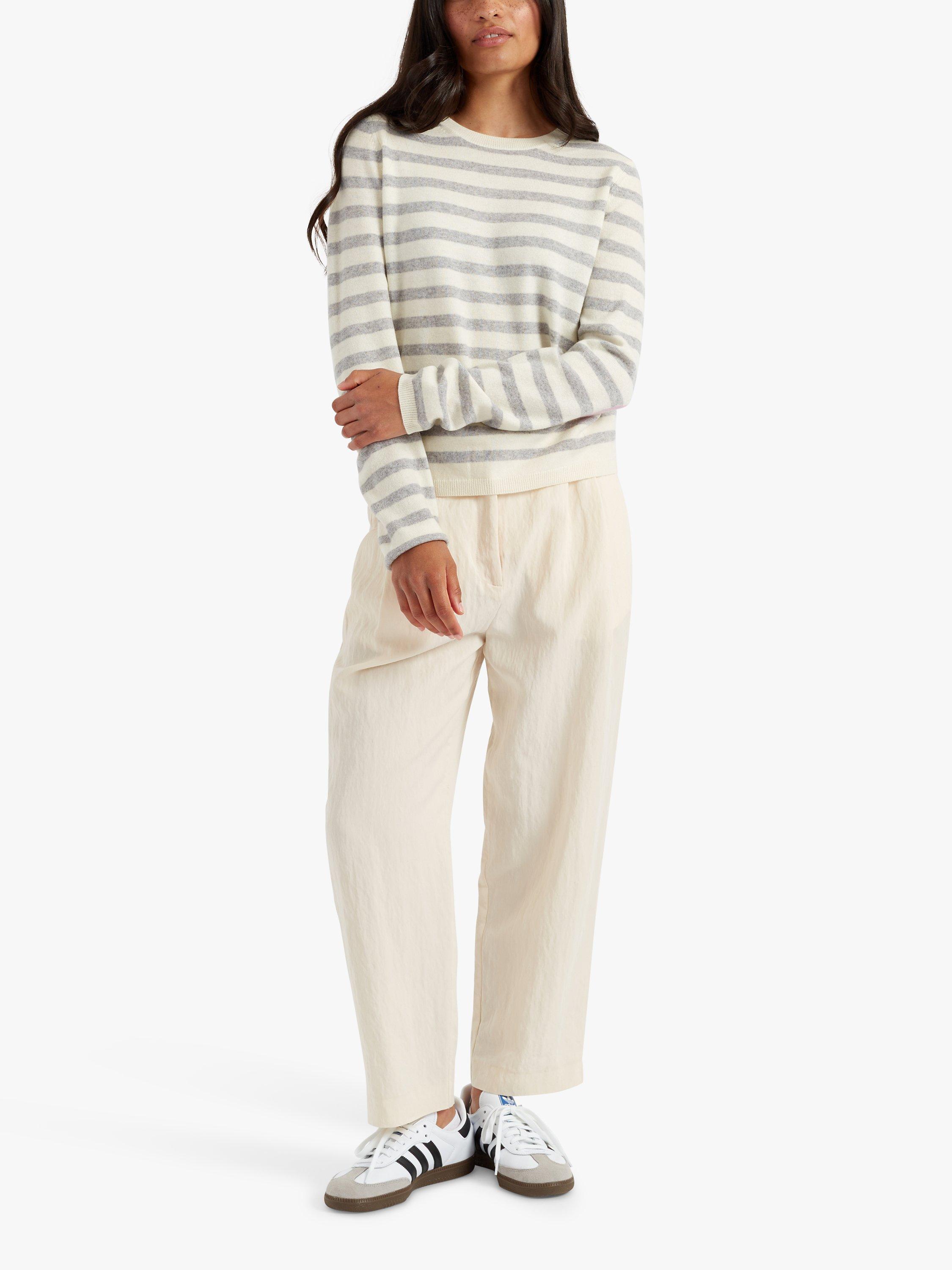Product image 1 of 3, which shows Chinti & Parker Heart Breton Stripe Wool Cashmere Blend Jumper, Cream/Light Grey, XS