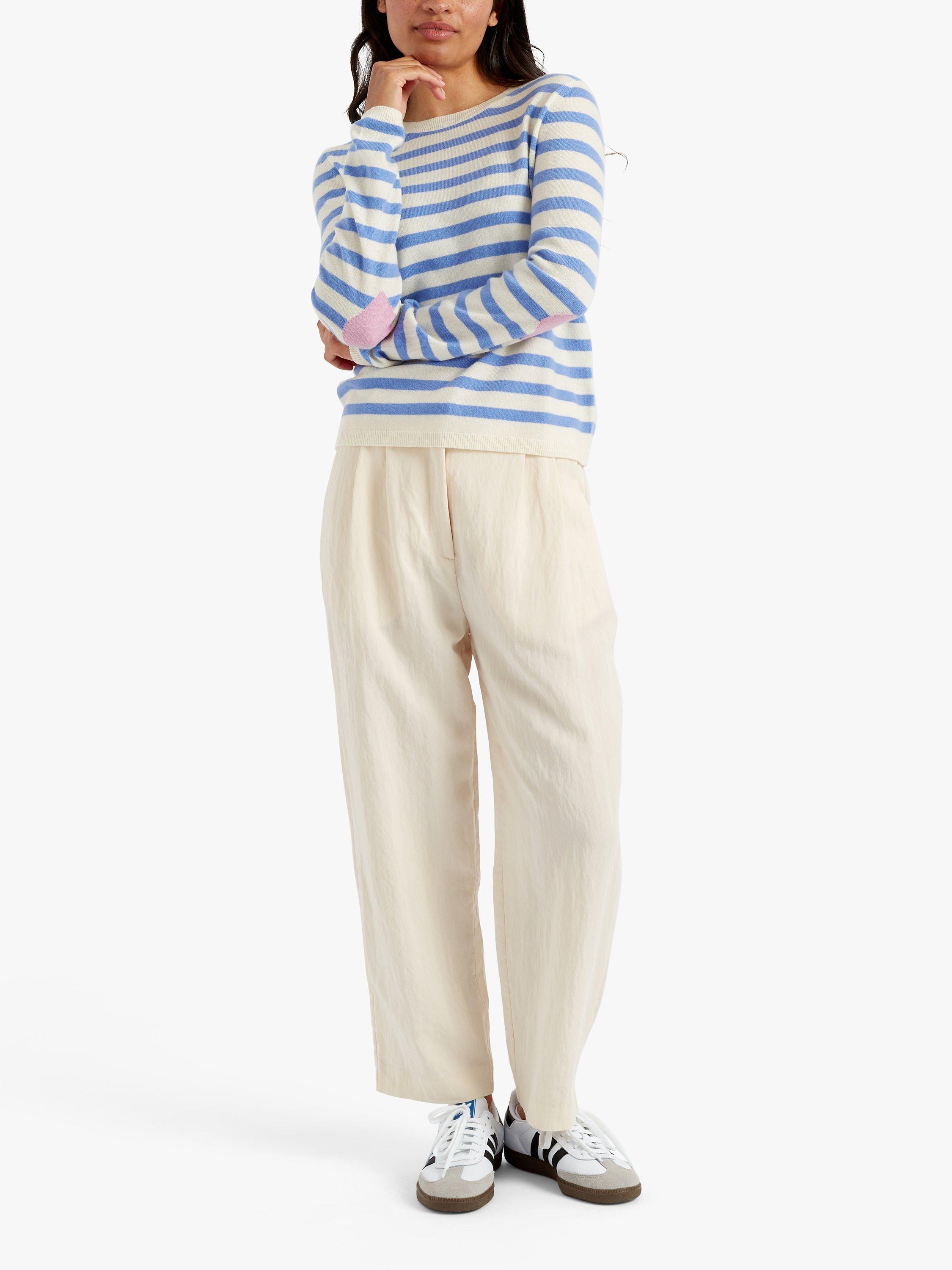 Product image 1 of 3, which shows Chinti & Parker Heart Breton Stripe Wool Cashmere Blend Jumper, Cream/Powder Blue, XS