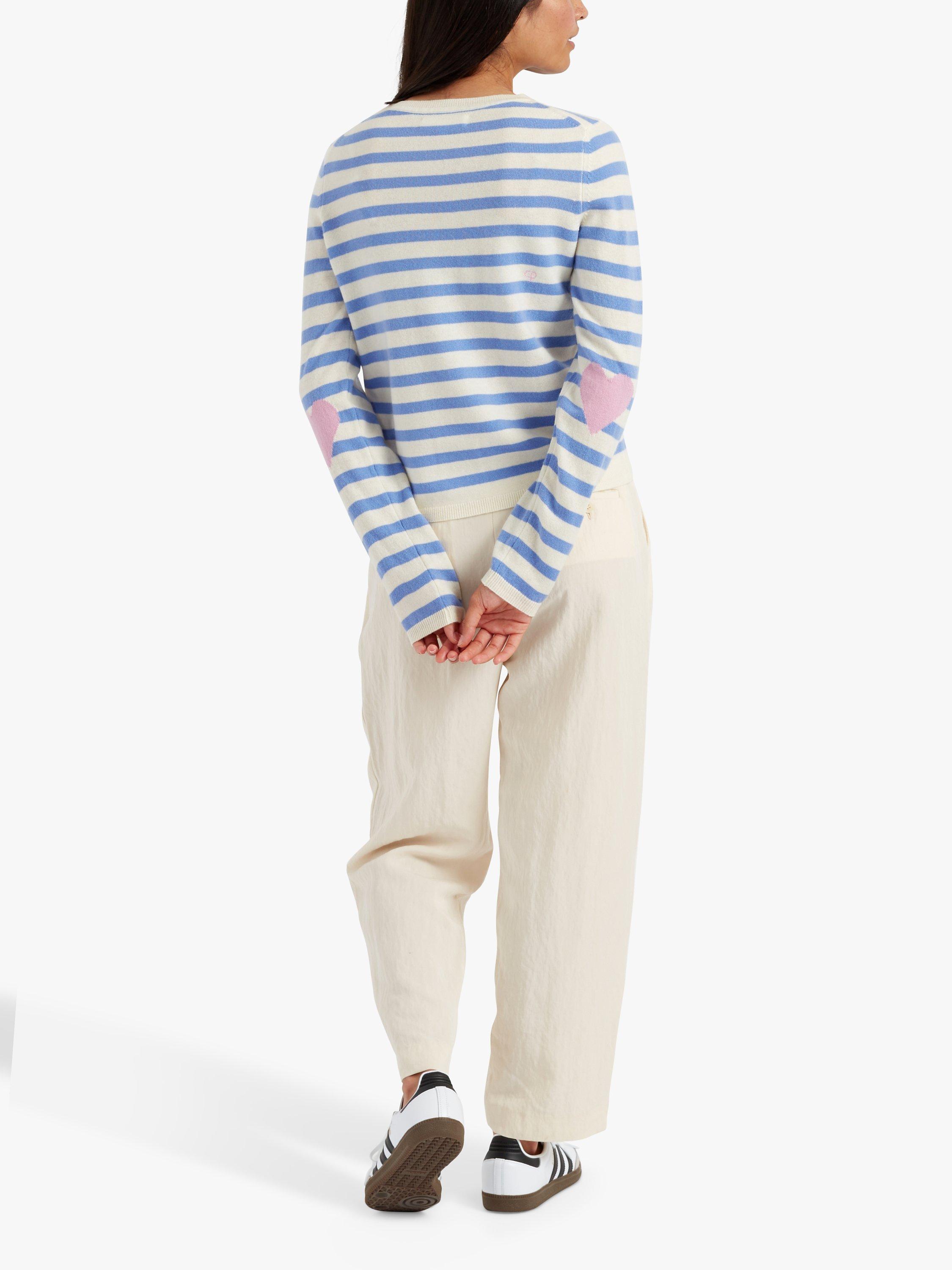 Product image 2 of 3, which shows Chinti & Parker Heart Breton Stripe Wool Cashmere Blend Jumper, Cream/Powder Blue, XS