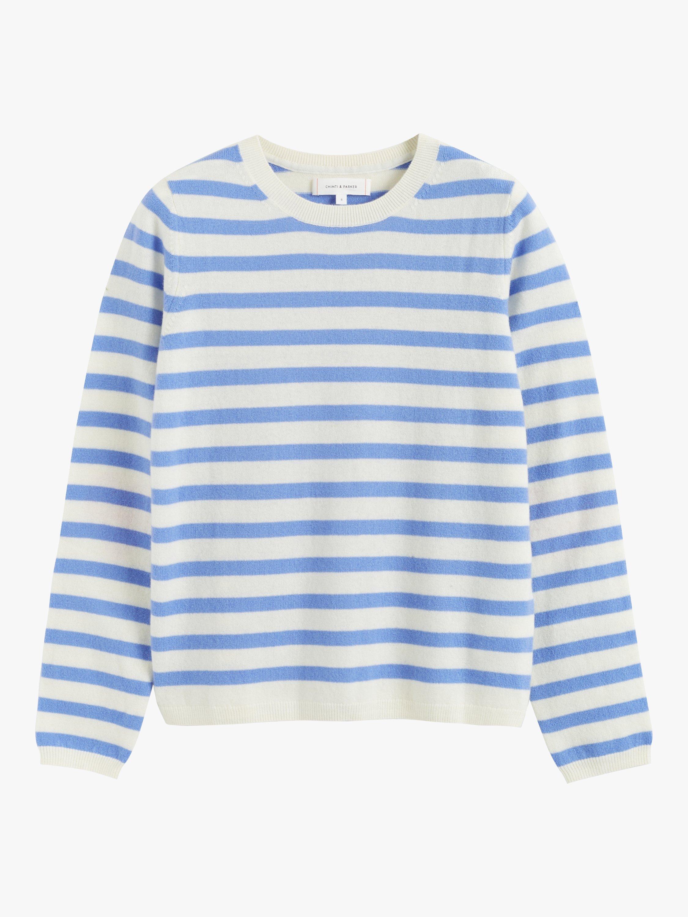 Product image 3 of 3, which shows Chinti & Parker Heart Breton Stripe Wool Cashmere Blend Jumper, Cream/Powder Blue, XS