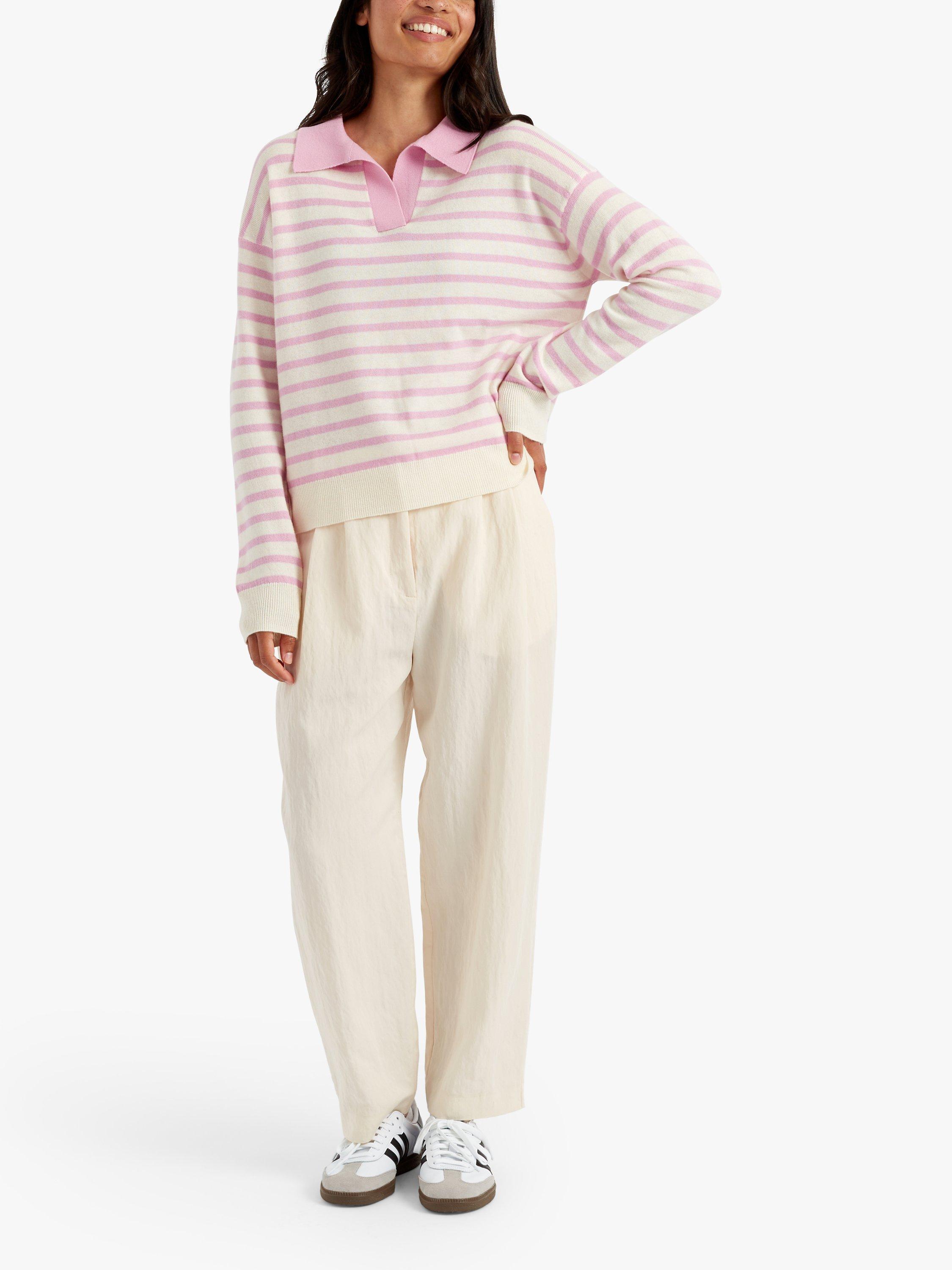 Product image 1 of 3, which shows Chinti & Parker Breton Stripe Collar Wool Cashmere Blend Jumper, Pink Lemonade/Cream, XS