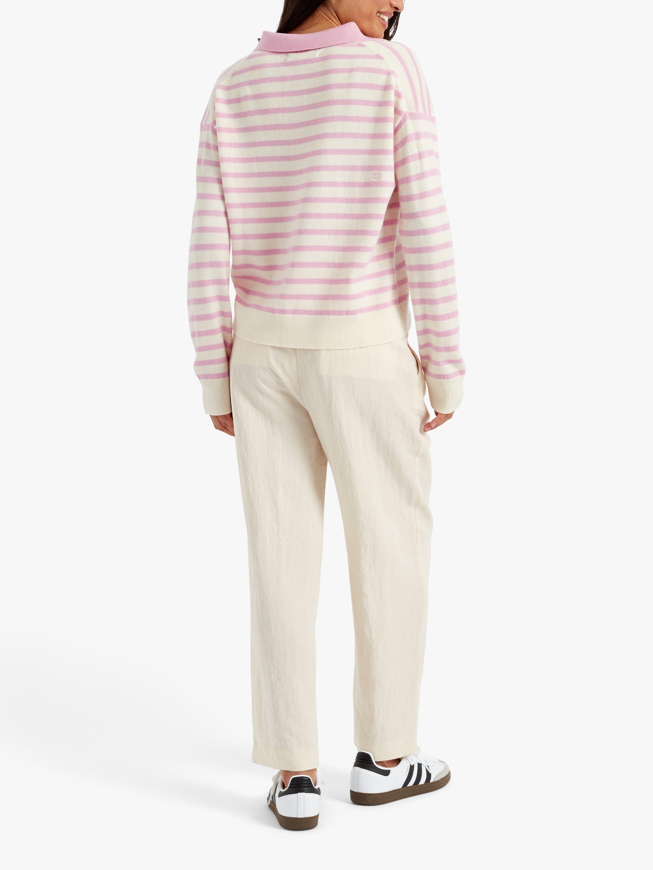 Product image 2 of 3, which shows Chinti & Parker Breton Stripe Collar Wool Cashmere Blend Jumper, Pink Lemonade/Cream, XS