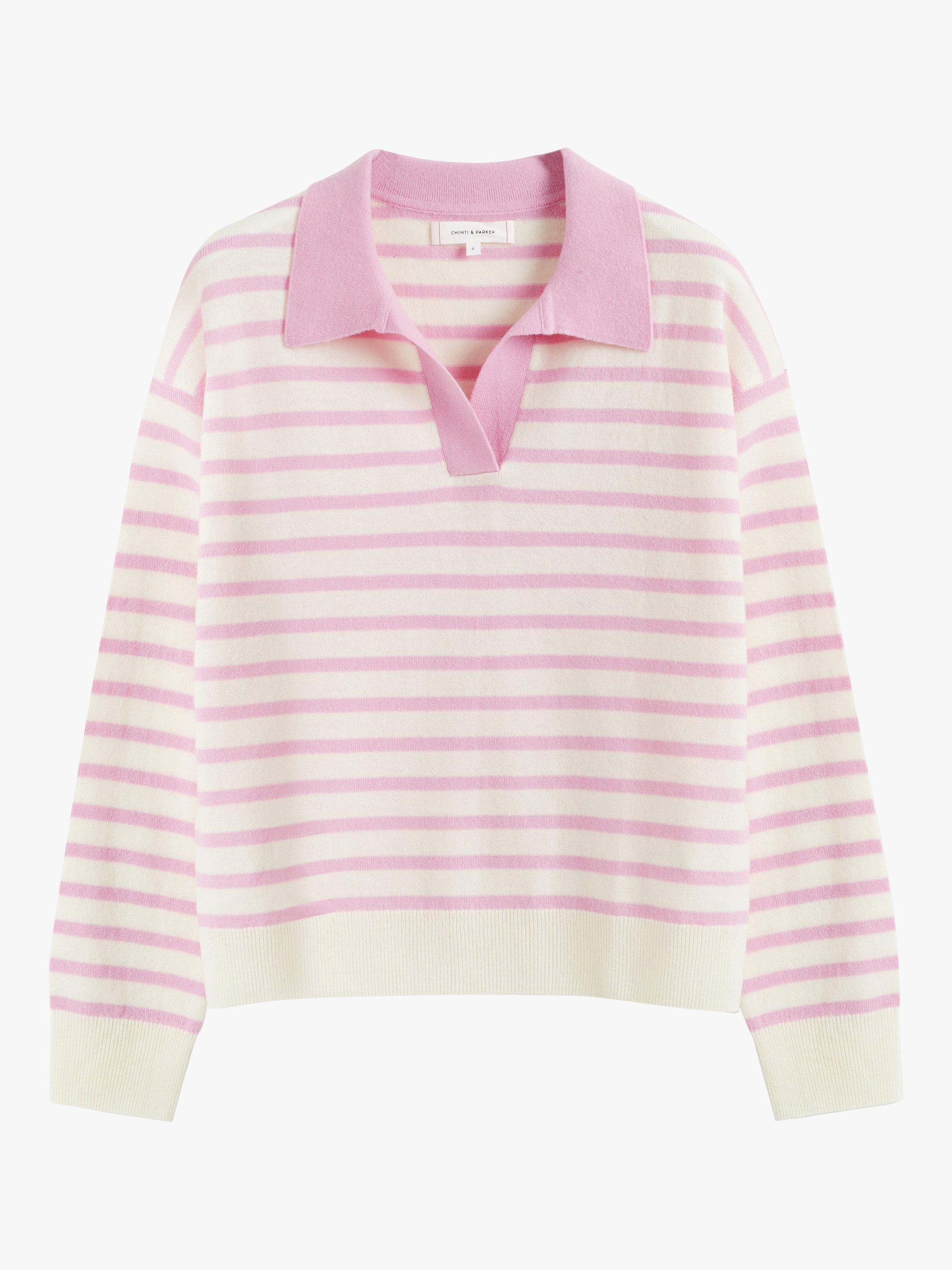 Product image 3 of 3, which shows Chinti & Parker Breton Stripe Collar Wool Cashmere Blend Jumper, Pink Lemonade/Cream, XS