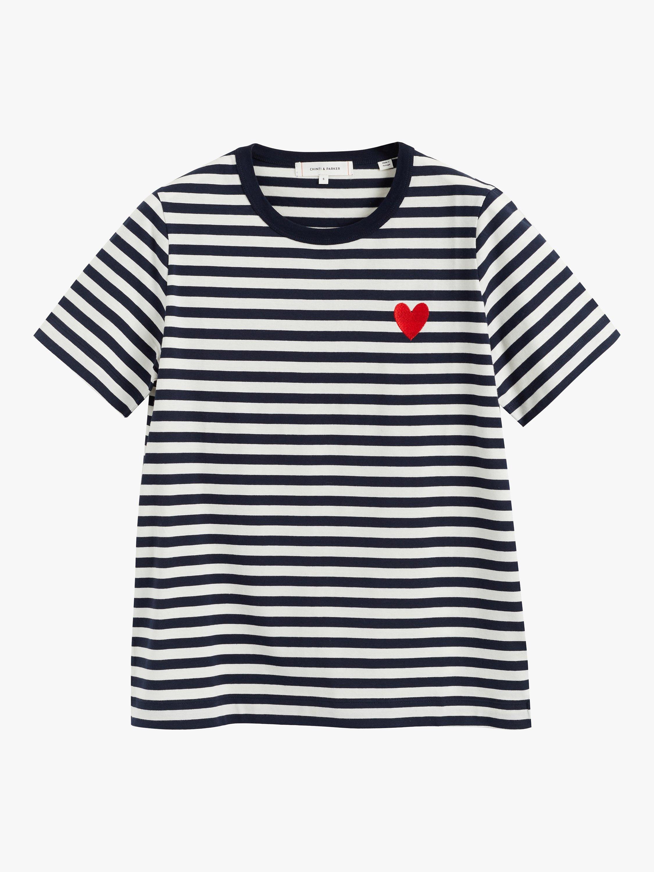 Product image 3 of 3, which shows Chinti & Parker Heart Breton T-Shirt, Navy/Cream/Red, XS