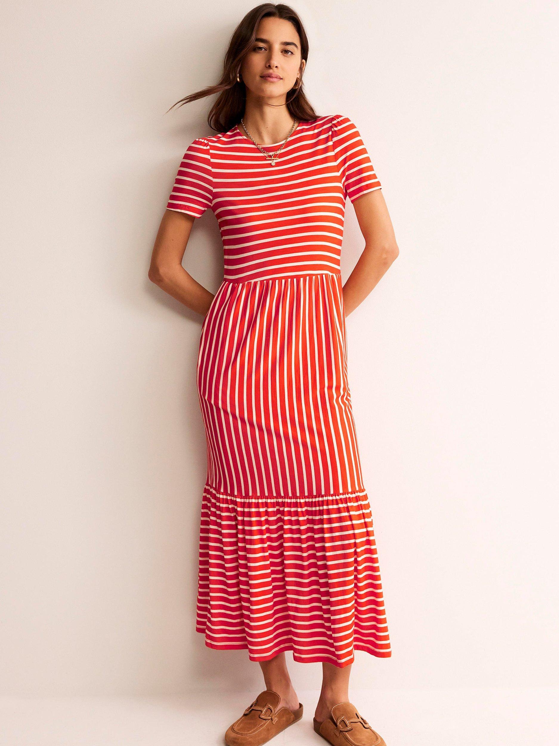 Boden Emma Striped Tiered Jersey Midi Dress Fiesta Ivory