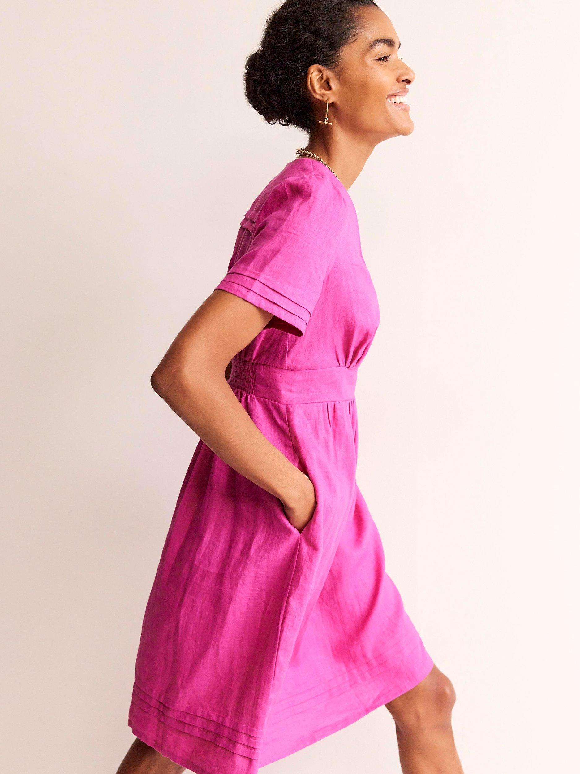Boden Eve Puff Sleeve Linen Dress, Rose Violet