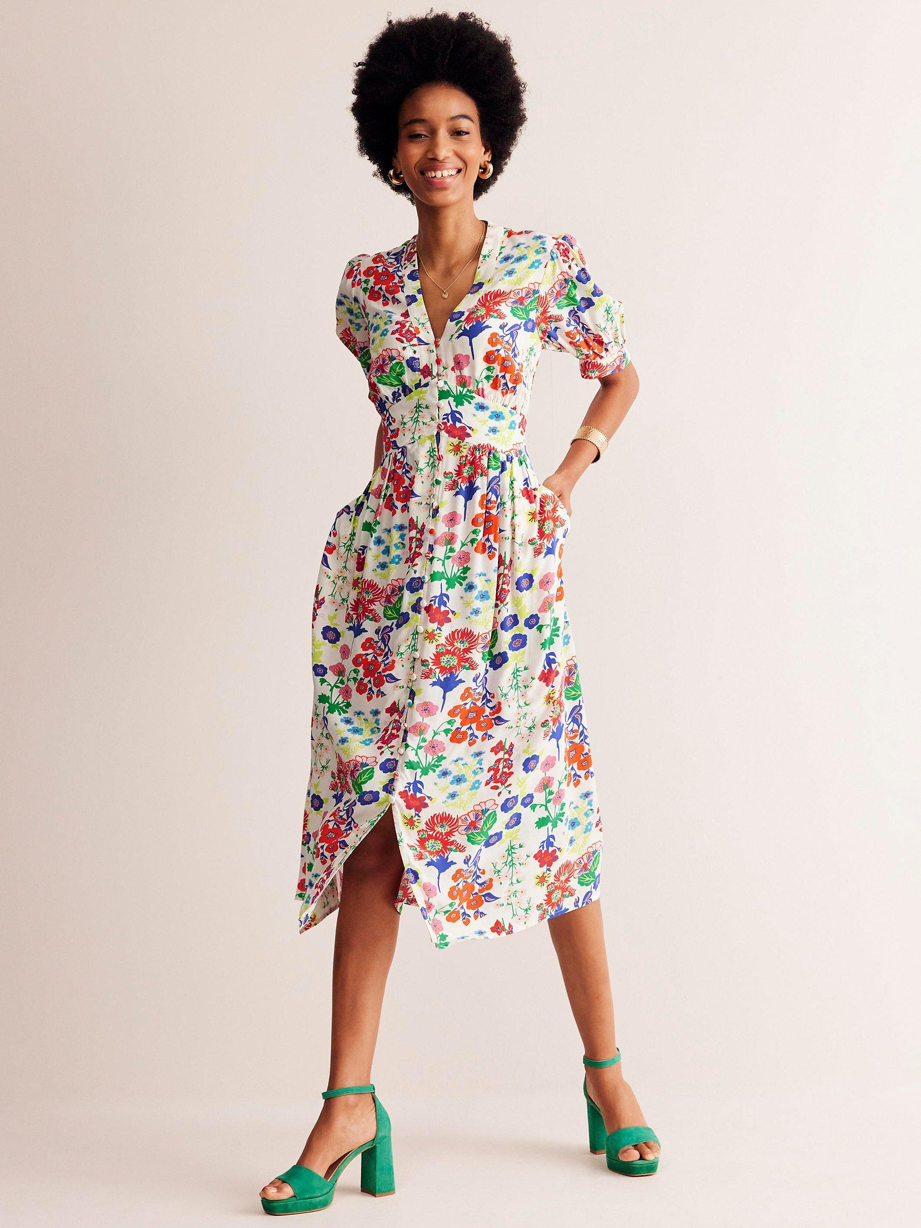 Boden Elsa Floral Print Midi Tea Dress Ivory Multi