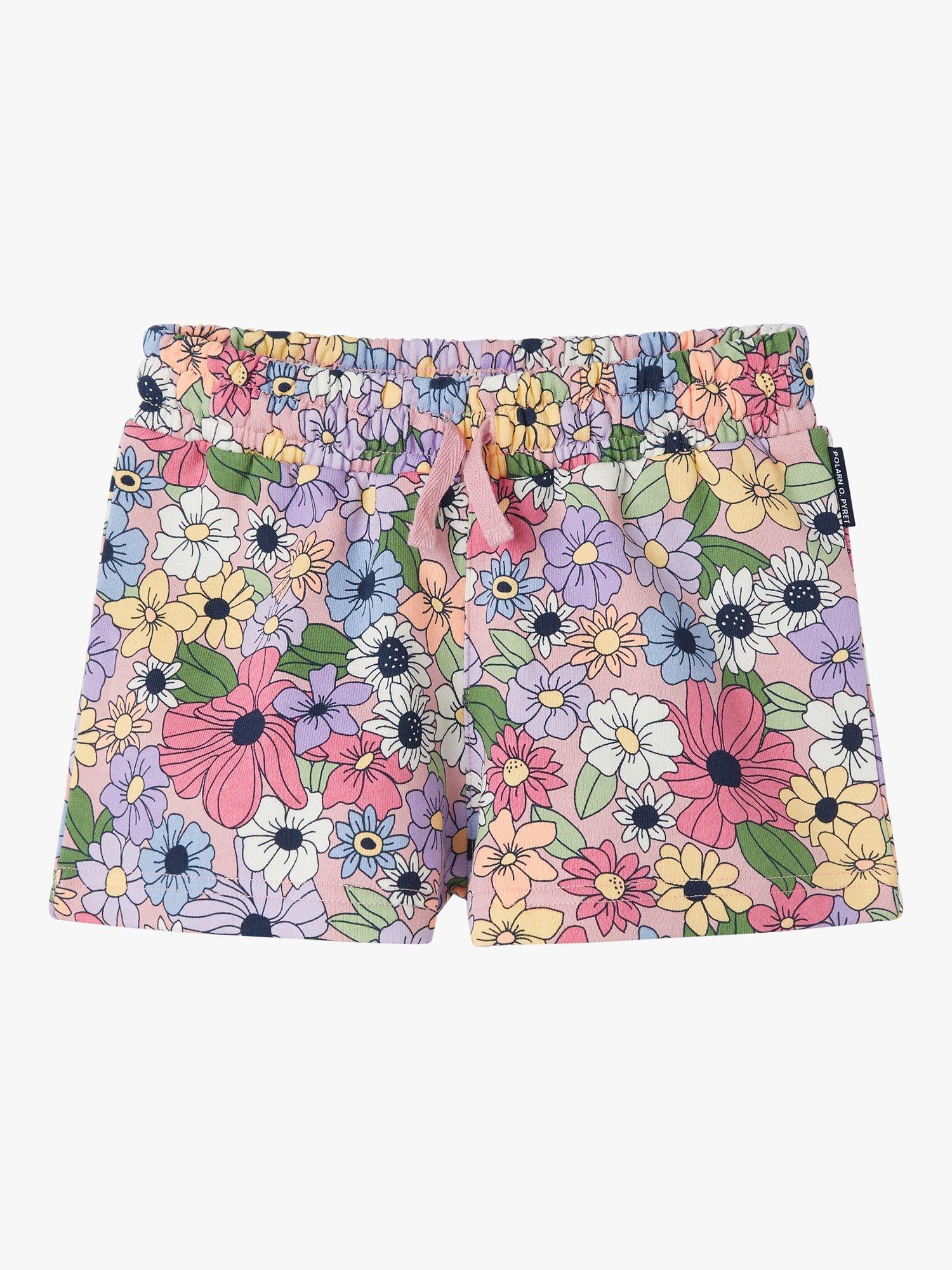 Polarn O. Pyret Kids' Organic Cotton Floral Print Drawstring Shorts, Pink
