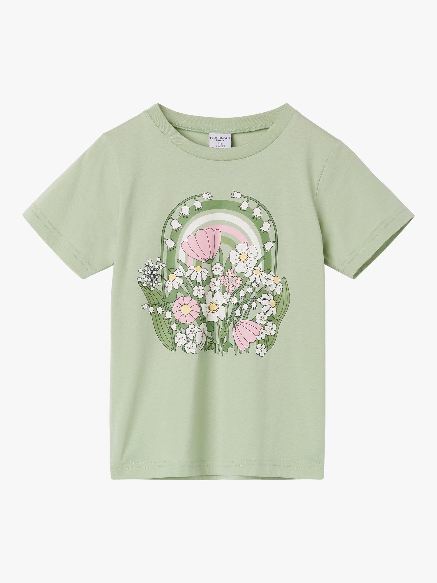 Polarn O. Pyret Kids' Organic Cotton Floral Print T-Shirt, Green