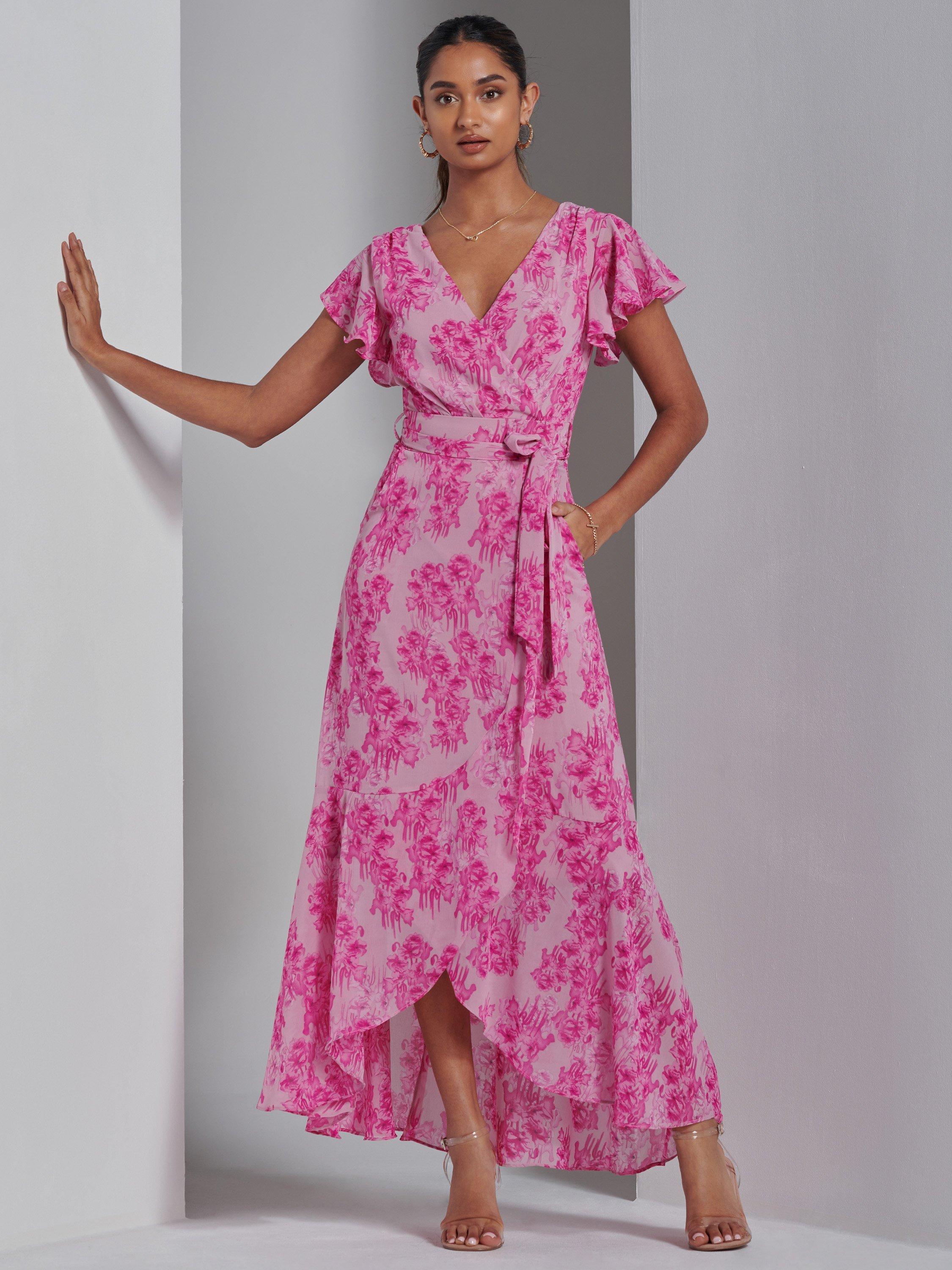 Jolie Moi Haylie Chiffon Wrap Maxi Dress Pink Floral