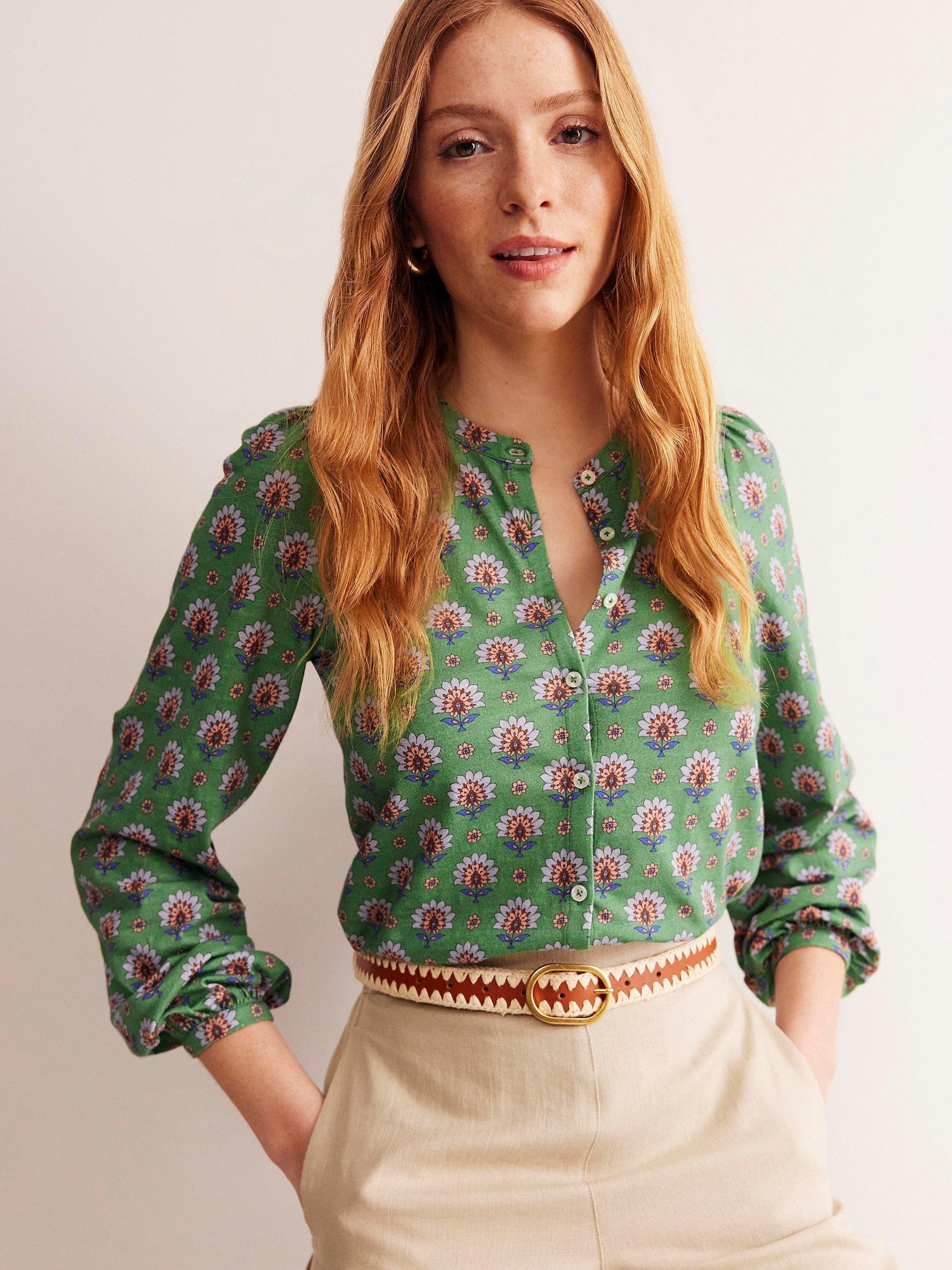 Boden Marina Cotton Jersey Shirt, Green/Passion Geo, Green, Passion Geo