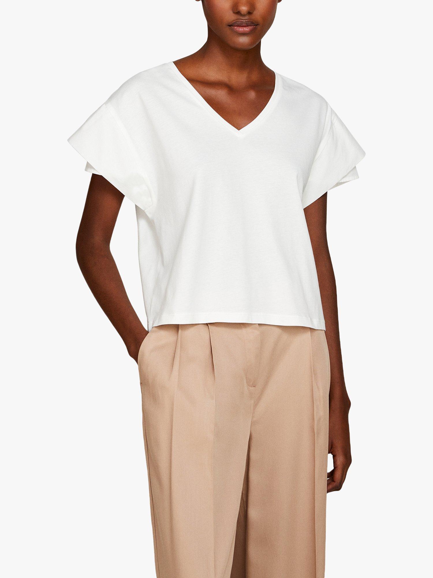 SISLEY Ruffle Sleeve V-Neck Cotton T-Shirt, White