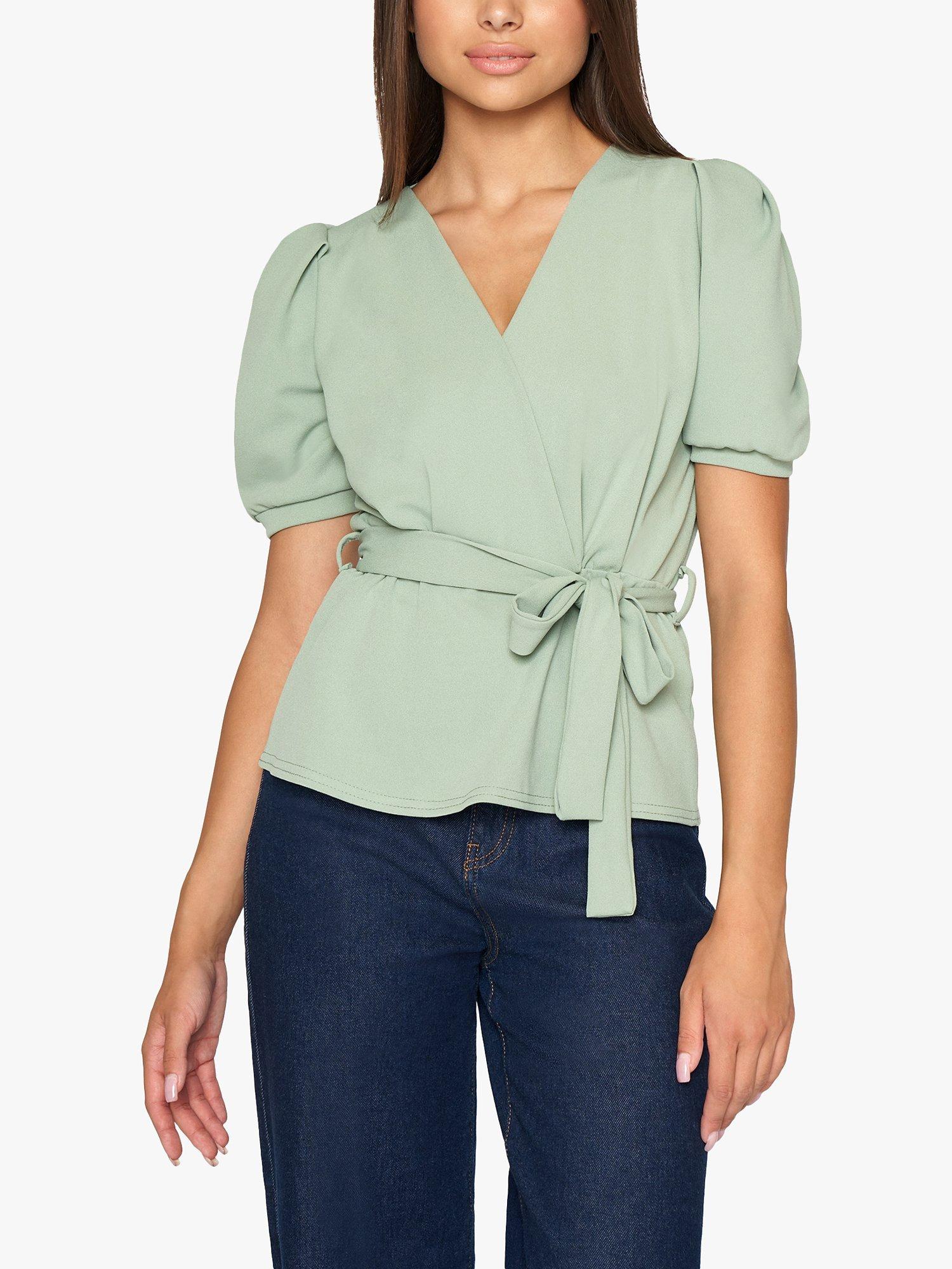 Product image 1 of 4, which shows Sisters Point Nasa Short Sleeve Wrap Top, Mint, XS