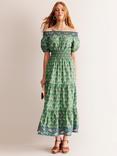 Boden Floral Print Tiered Cotton Midi Dress, Green/Multi