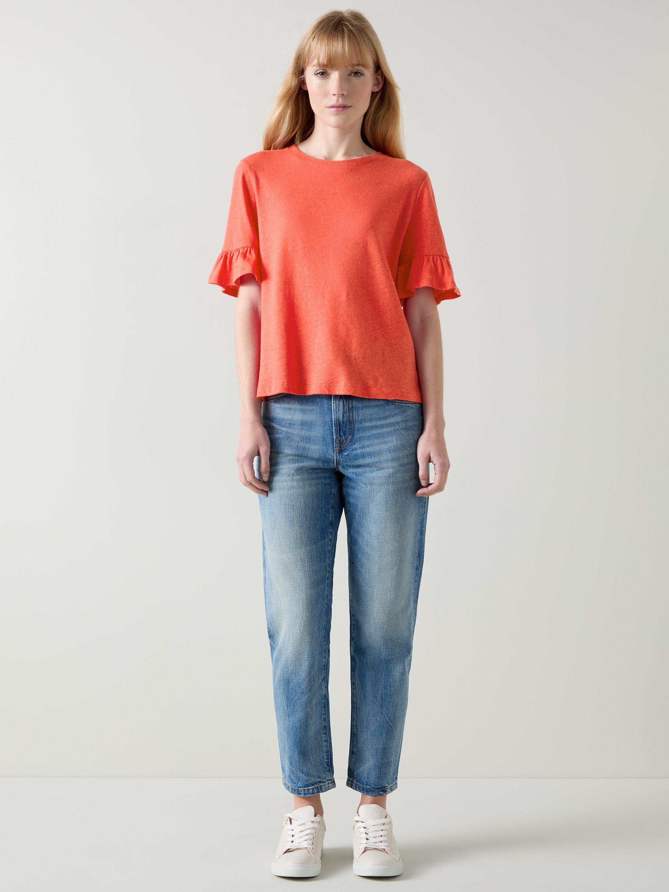 L.K.Bennett Gene Linen Blend Frill Sleeve T-Shirt, Red, S