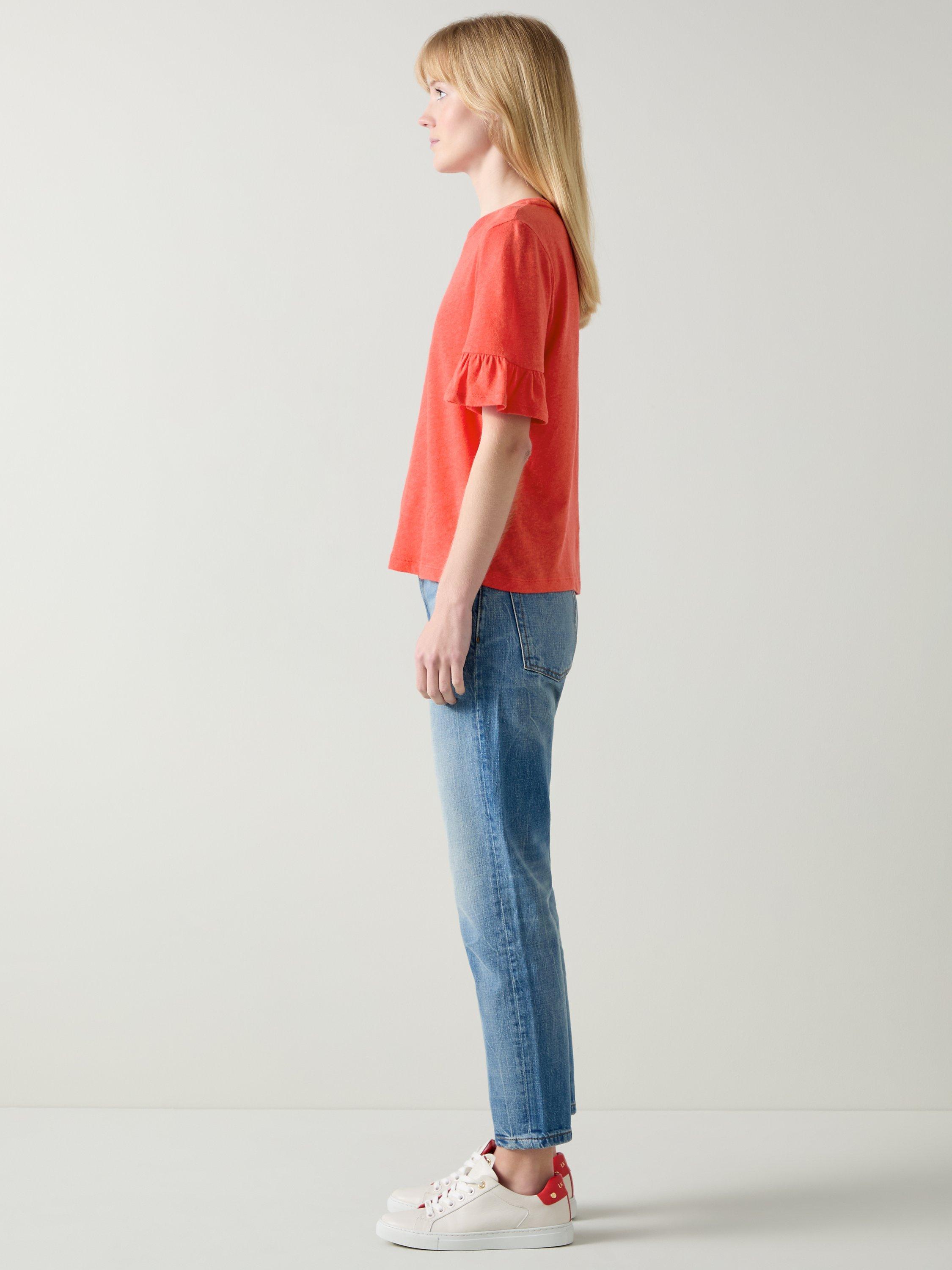 L.K.Bennett Gene Linen Blend Frill Sleeve T-Shirt, Red, S