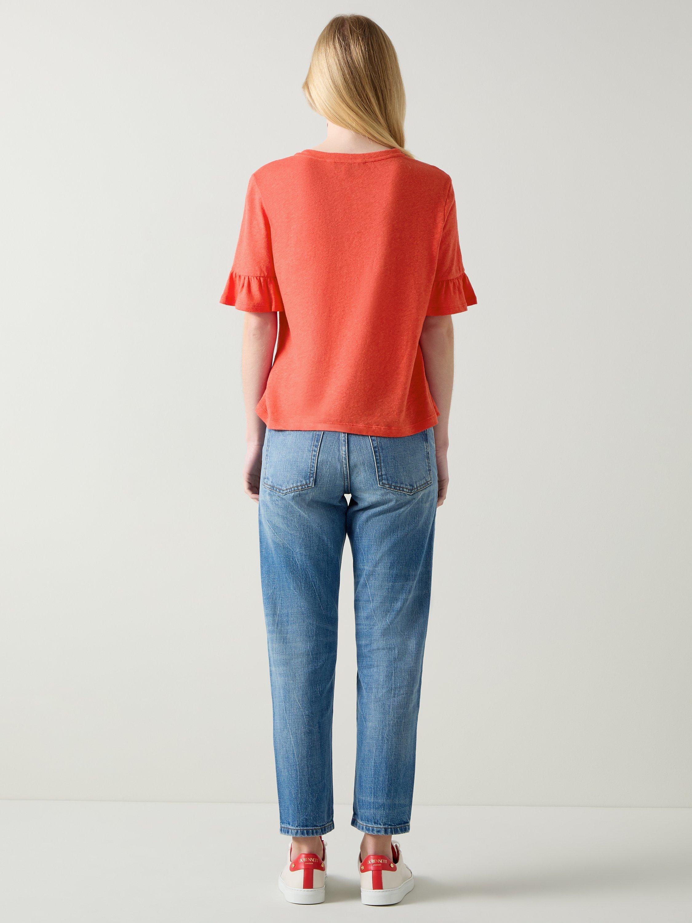 L.K.Bennett Gene Linen Blend Frill Sleeve T-Shirt, Red, S