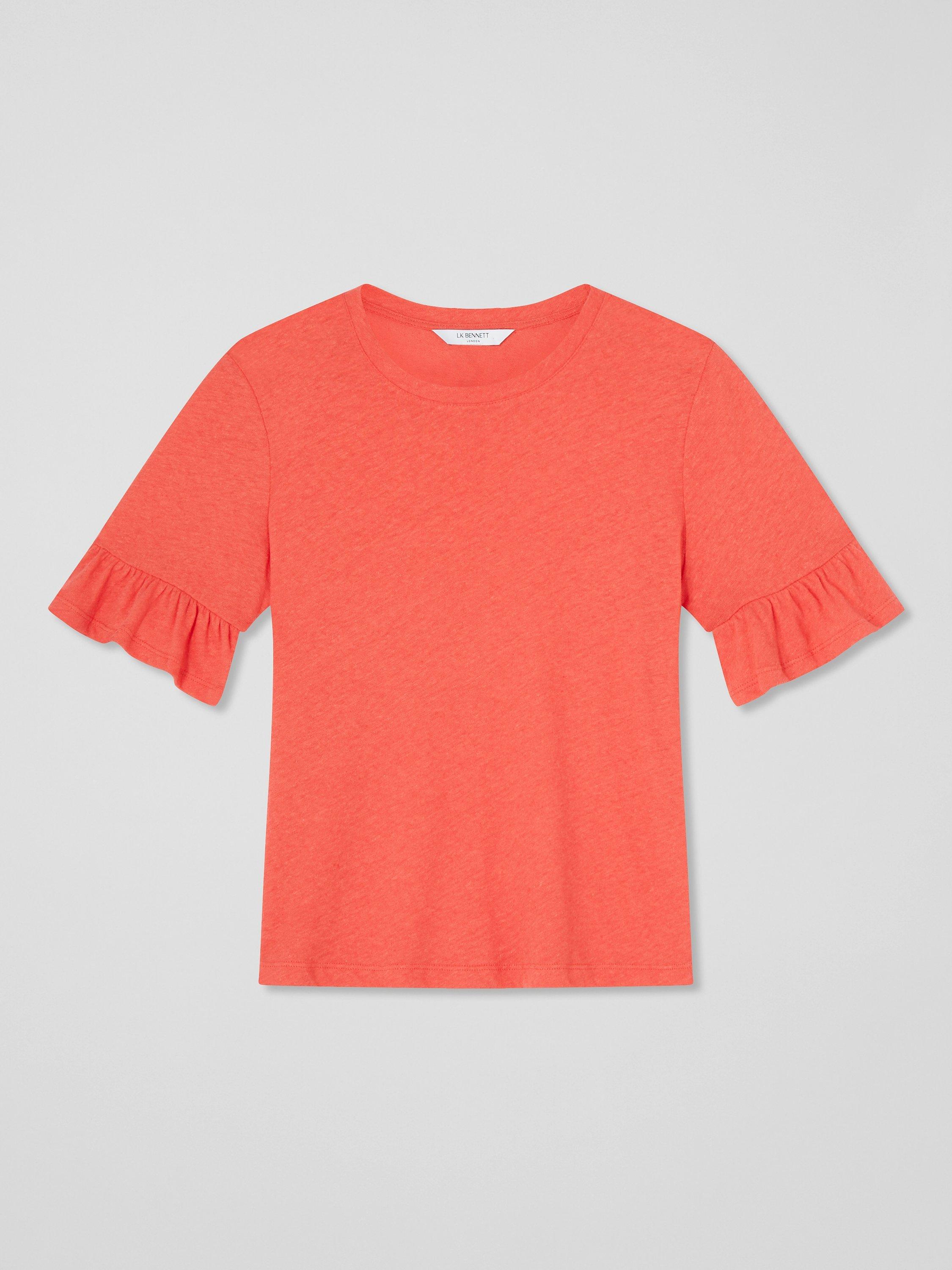 L.K.Bennett Gene Linen Blend Frill Sleeve T-Shirt, Red, S