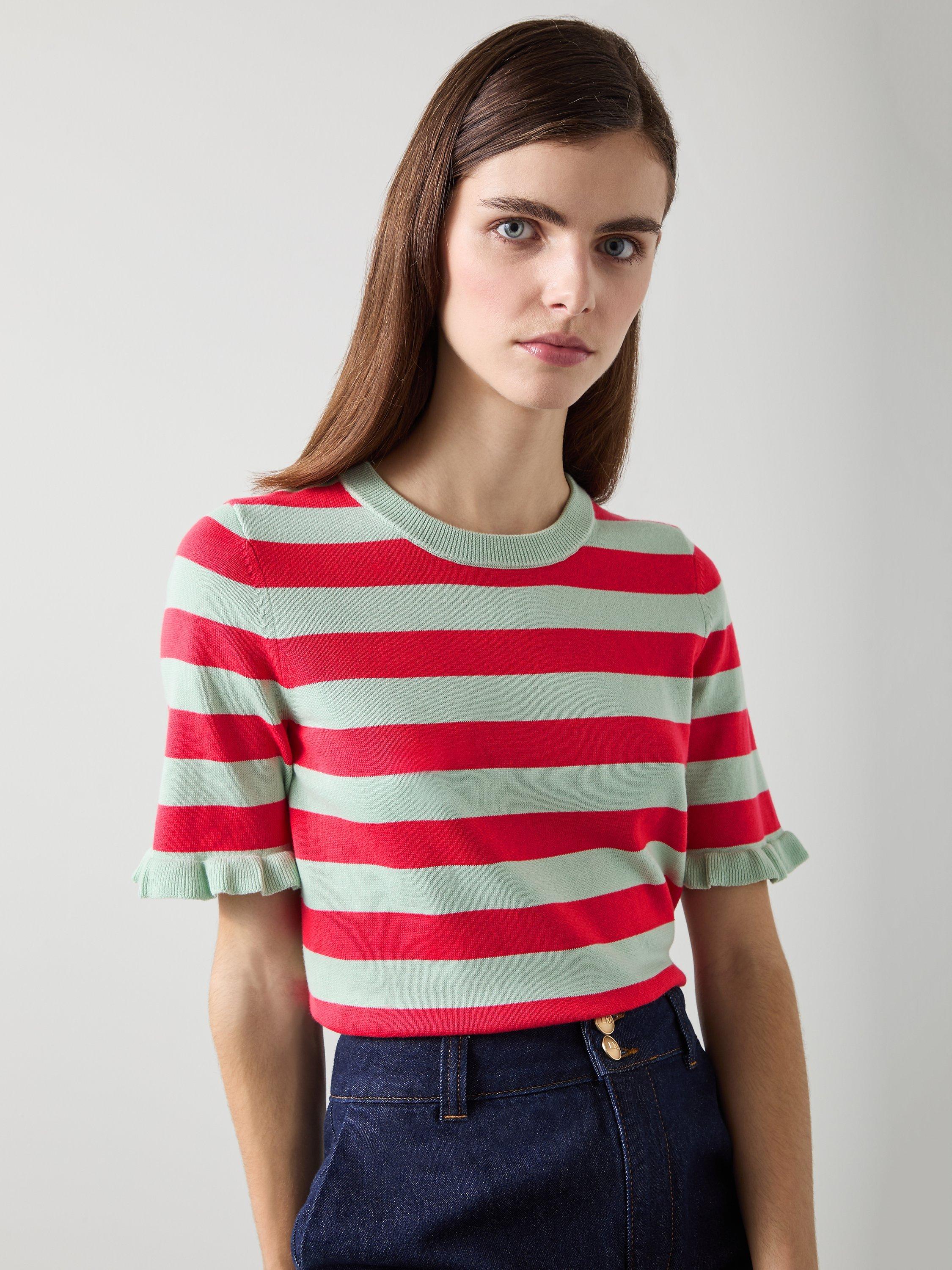 Product image 4 of 5, which shows L.K.Bennett Bells Knitted Stripe Top, Green/Red, XS