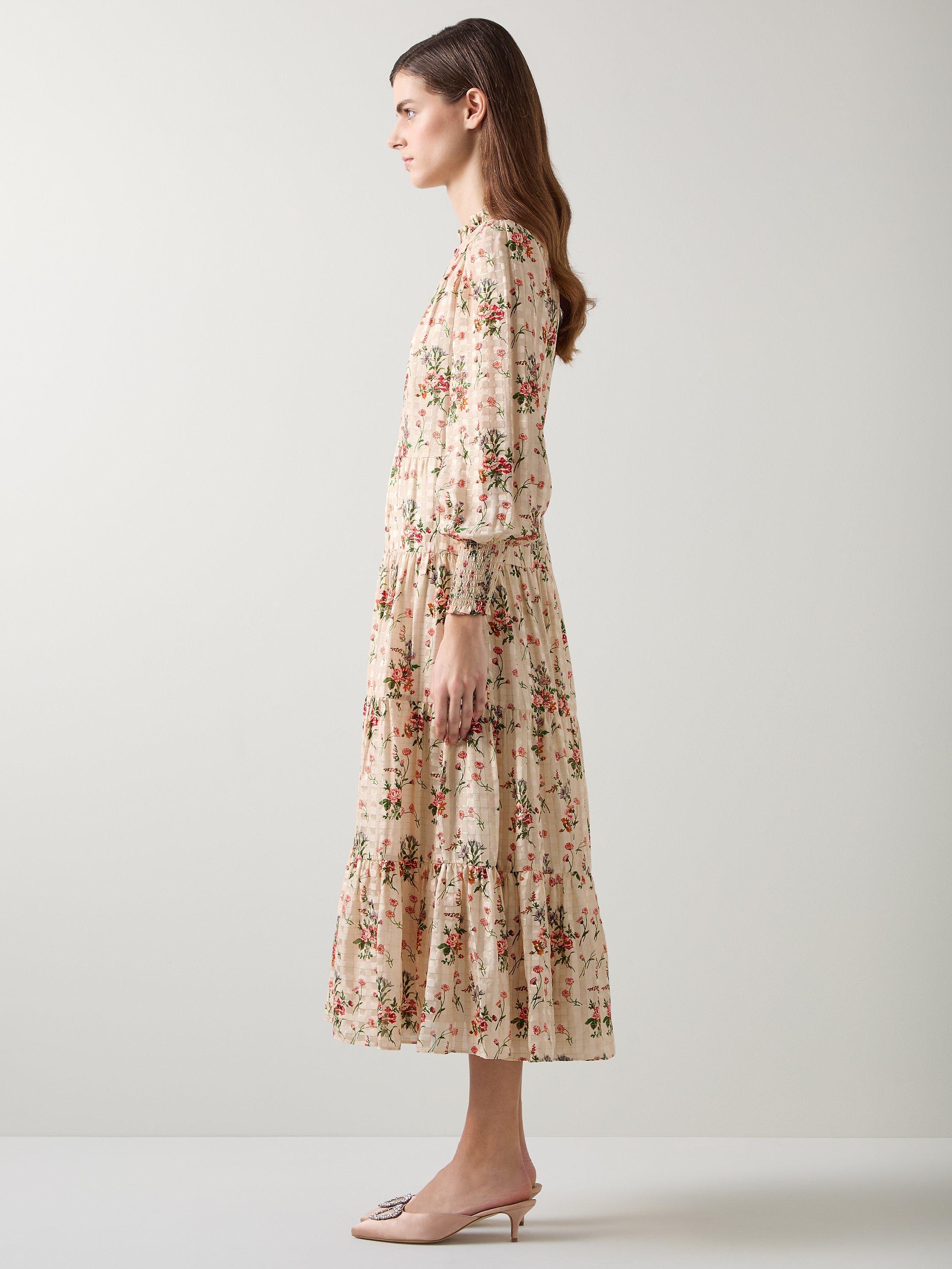 Product image 2 of 5, which shows L.K.Bennett Flora Wildflower Metallic Print Dress, Cream/Multi, 8