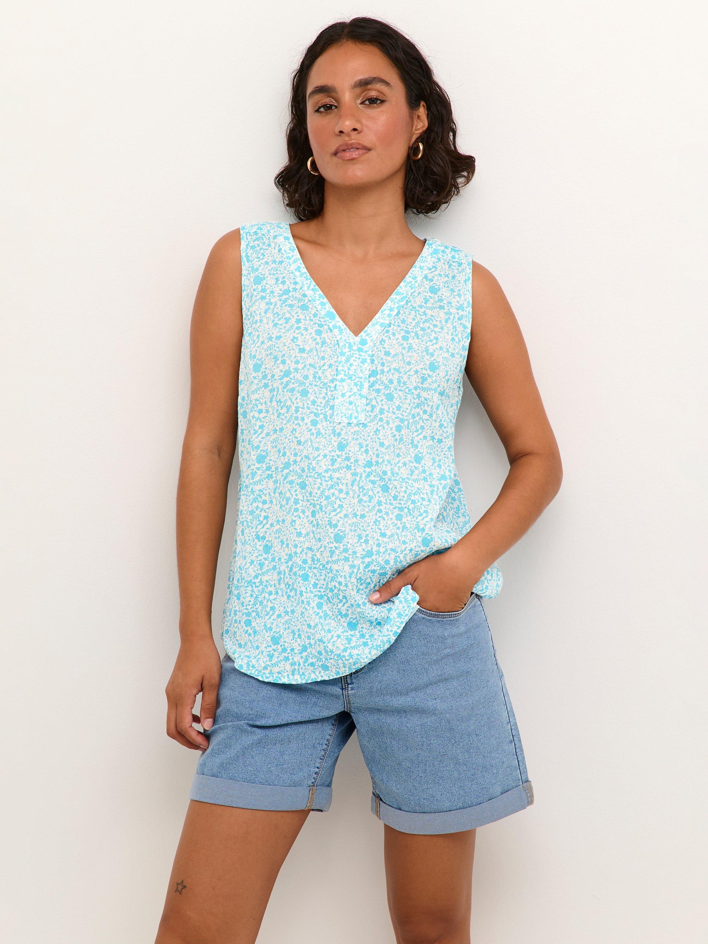 Product image 1 of 6, which shows KAFFE Amber Ecovero Floral V-Neck Sleeveless Top, Blue Atoll, 8