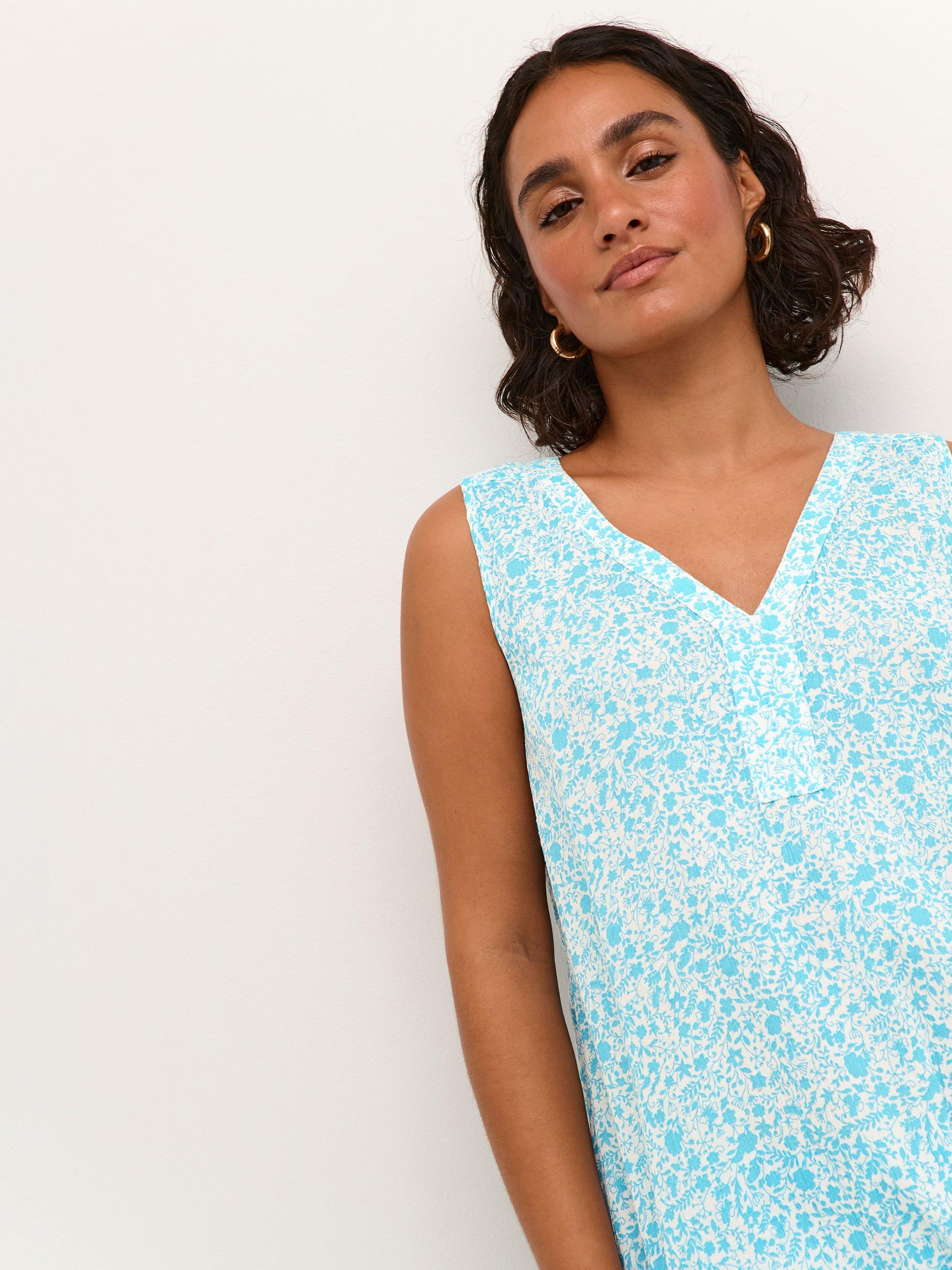 Product image 4 of 6, which shows KAFFE Amber Ecovero Floral V-Neck Sleeveless Top, Blue Atoll, 8
