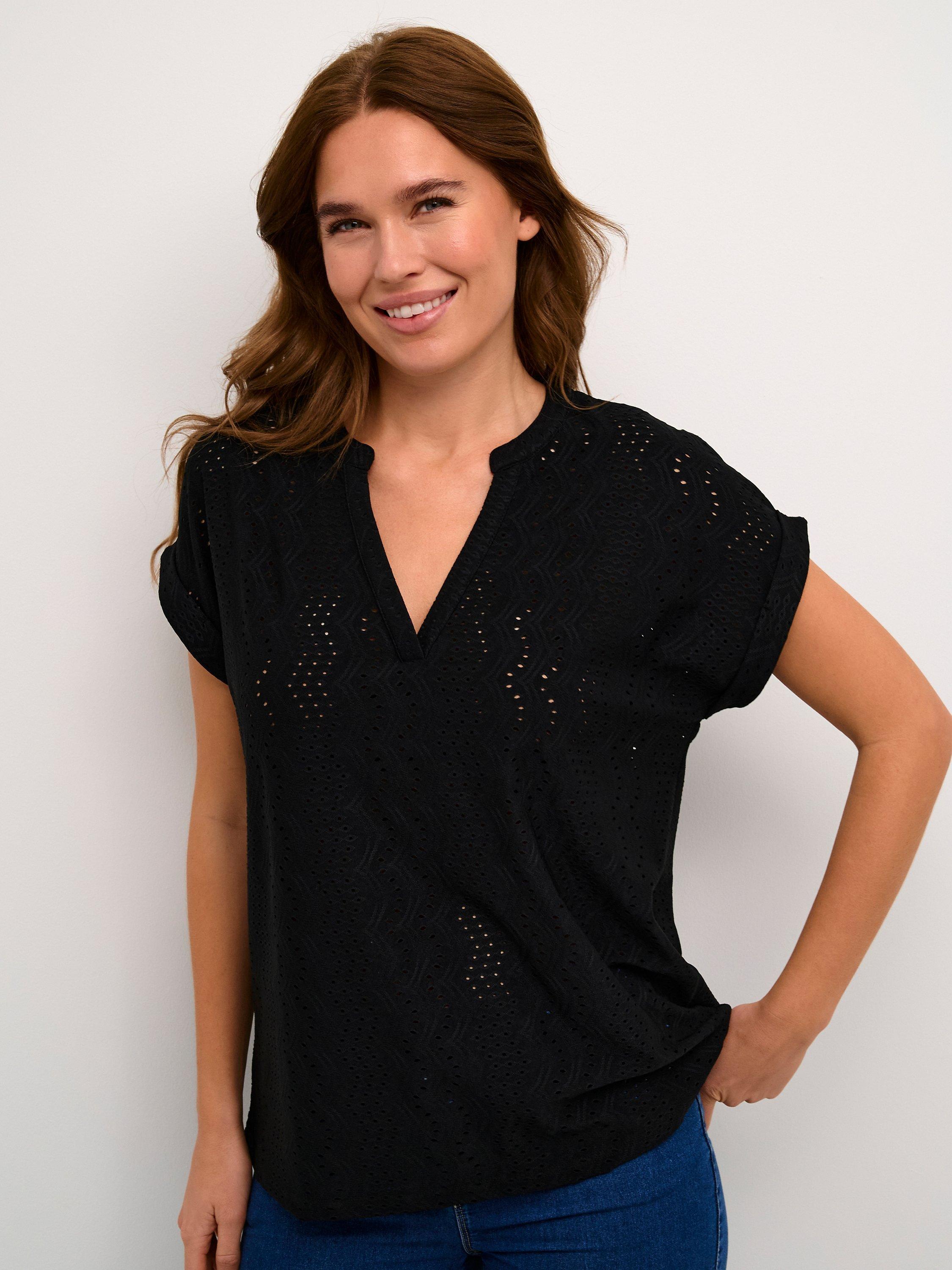 KAFFE Rachel Short Sleeve Eyelet Blouse, Deep Black