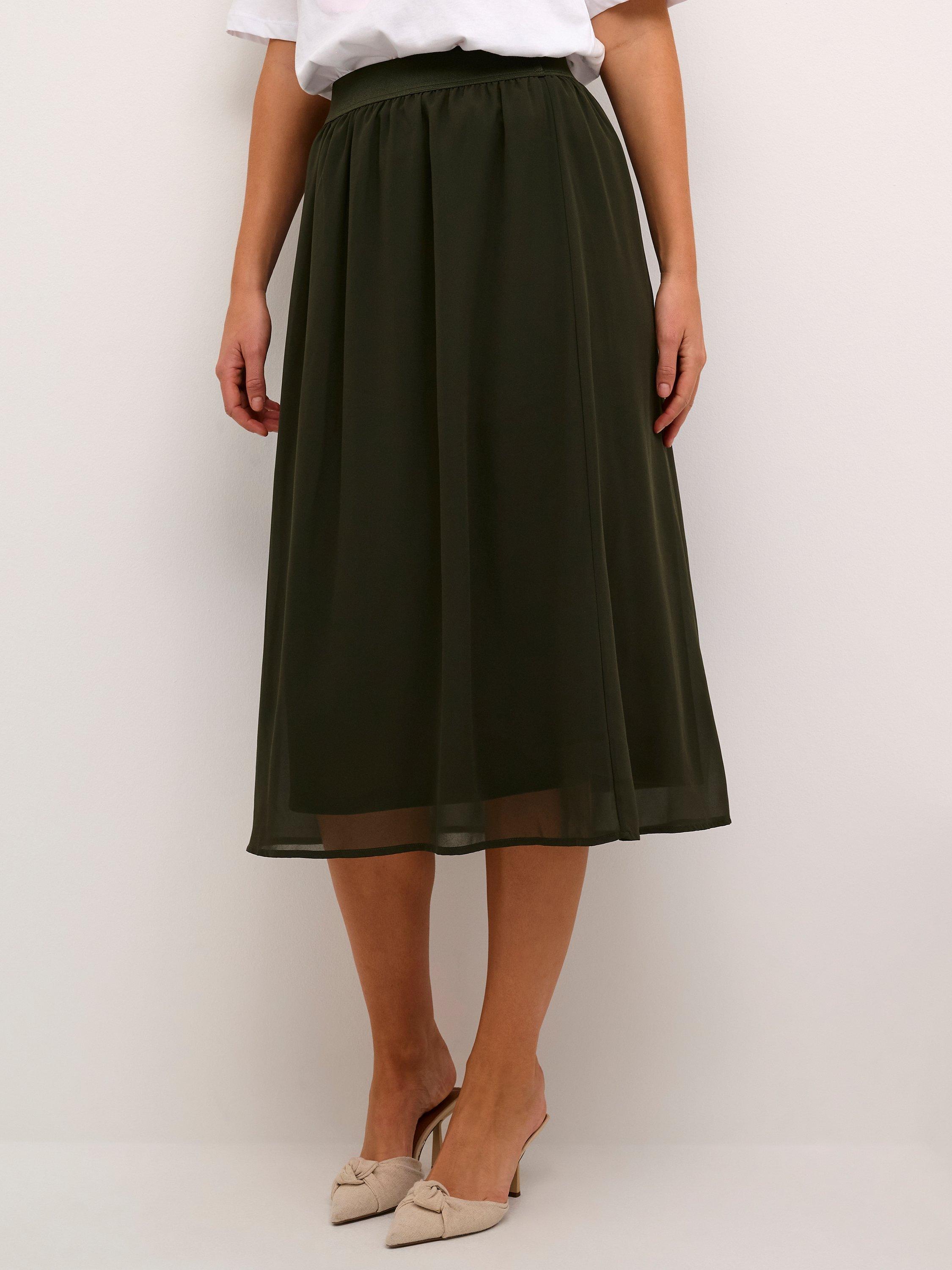 Product image 1 of 5, which shows KAFFE Chiffon A-Line Midi Skirt, Forest Night, 8