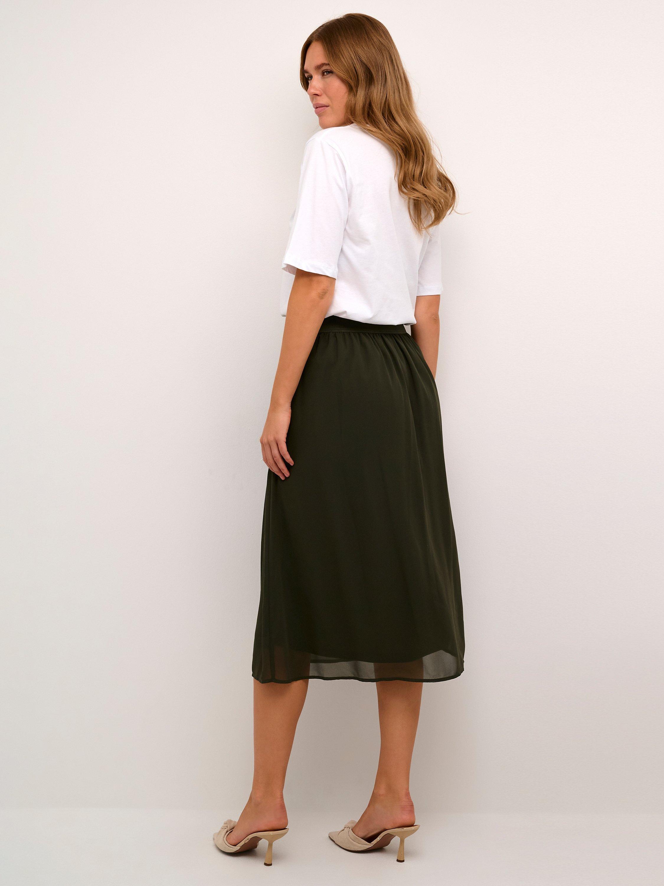 Product image 2 of 5, which shows KAFFE Chiffon A-Line Midi Skirt, Forest Night, 8
