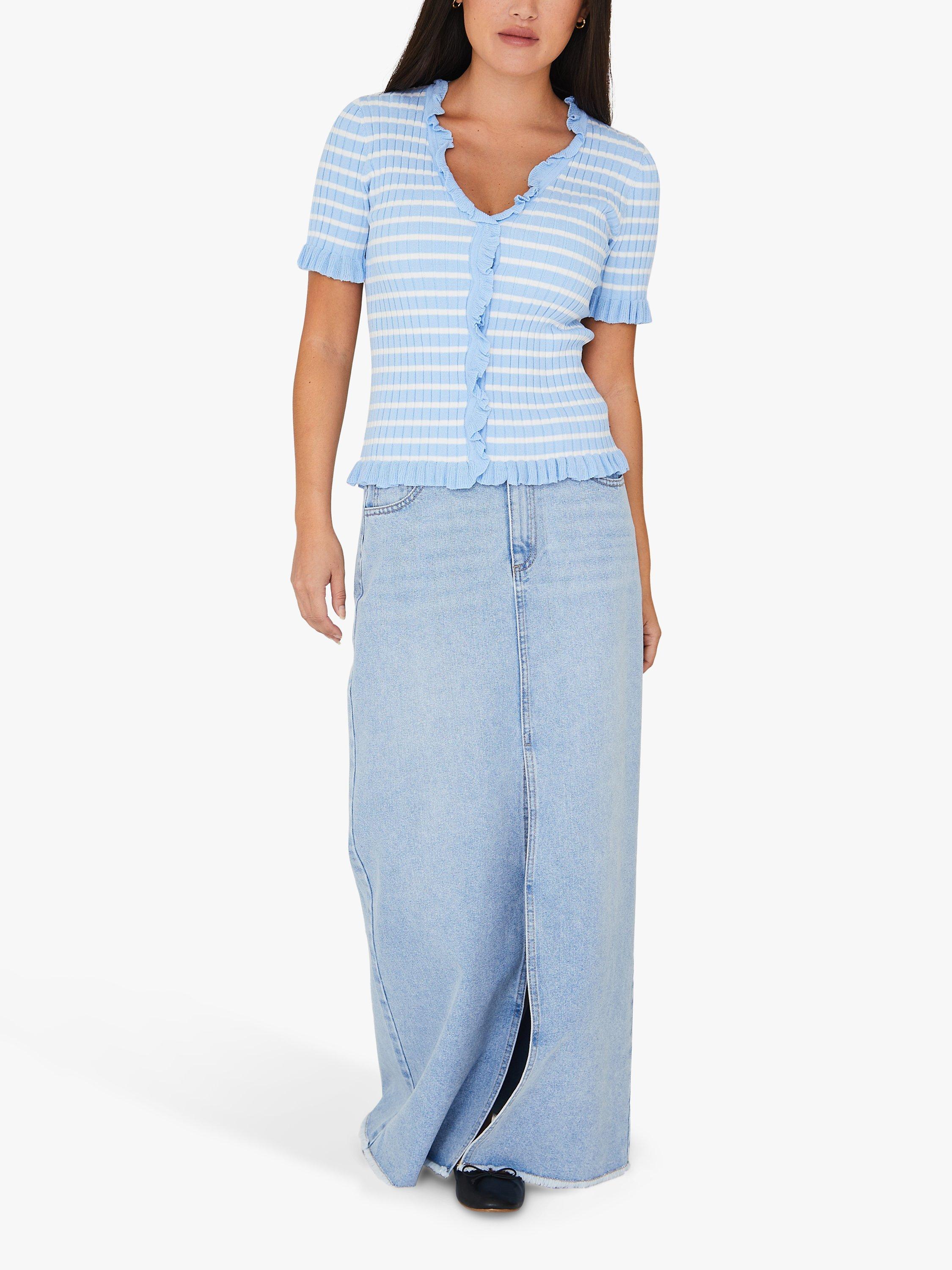 A-VIEW Fabia Striped Rib Knit Ruffle T-Shirt, Blue/White
