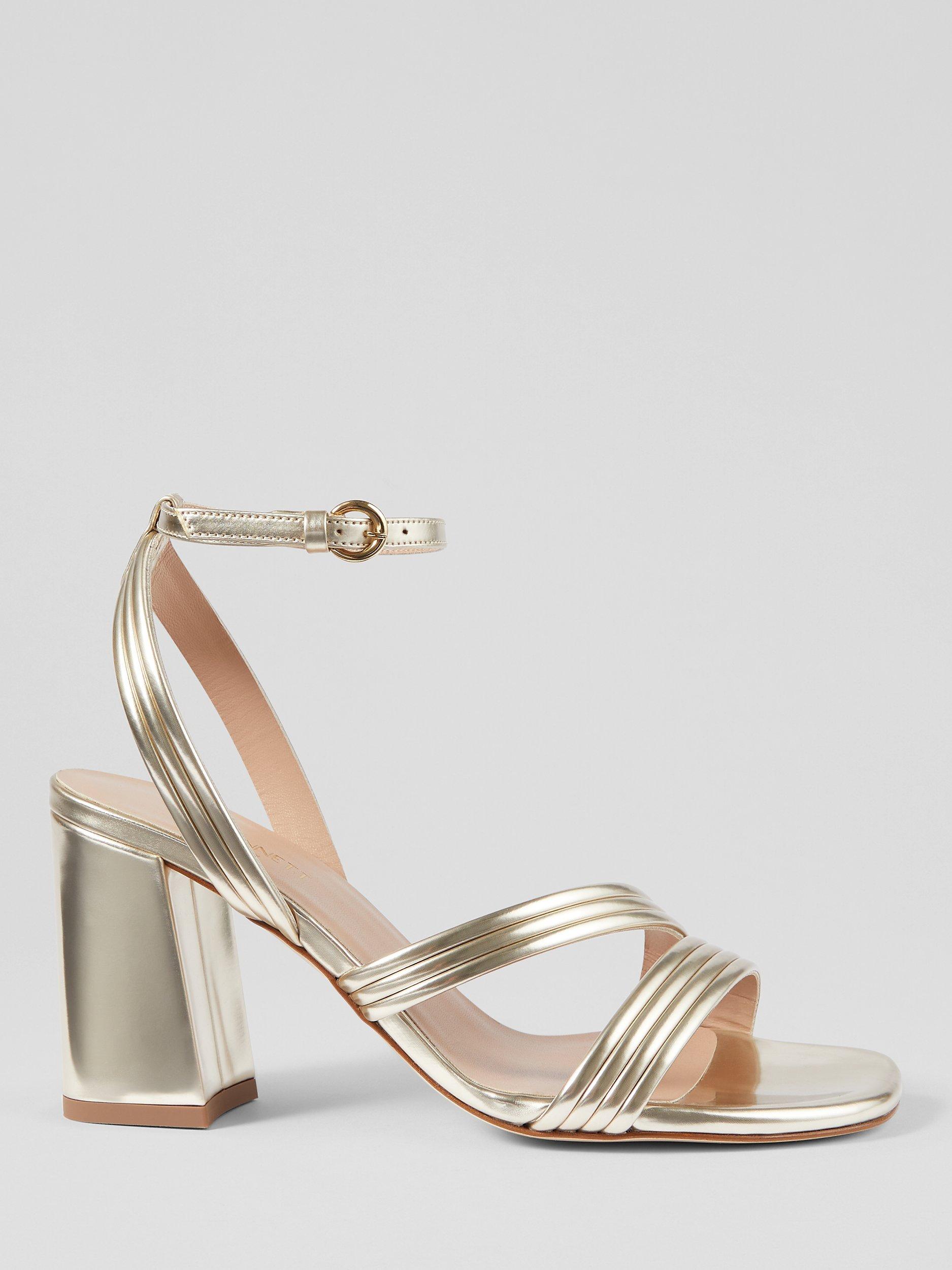 Product image 1 of 3, which shows L.K.Bennett Edita Strap Block Heel Sandals, Pale Gold, 7