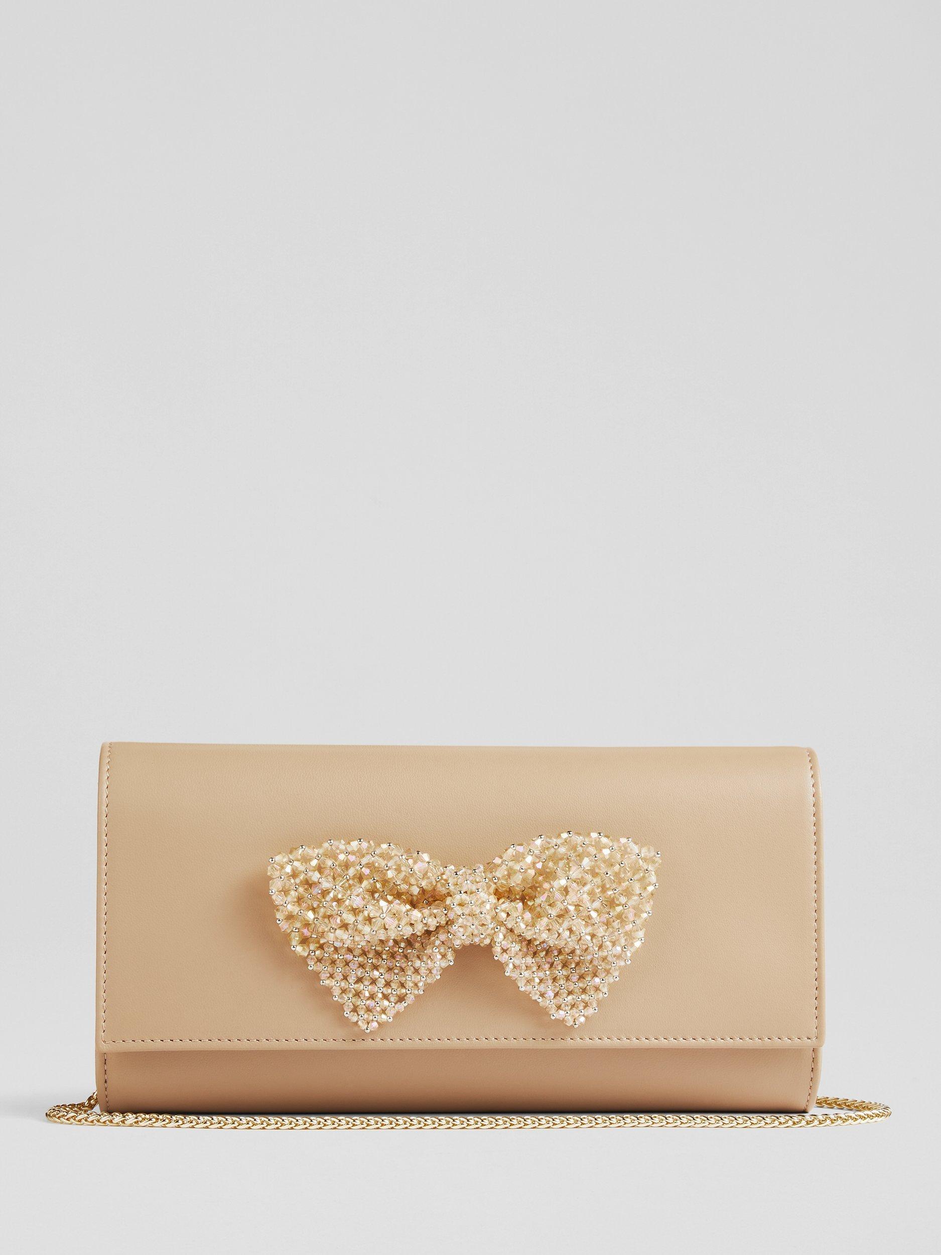 L.K.Bennett Erla Leather Embellished Bow Detail Clutch Bag, Trench