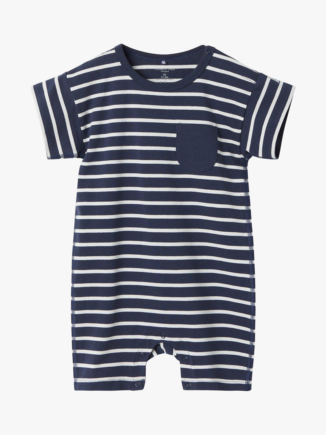 Polarn O. Pyret Baby Organic Cotton Blend Stripe Romper, Navy/White
