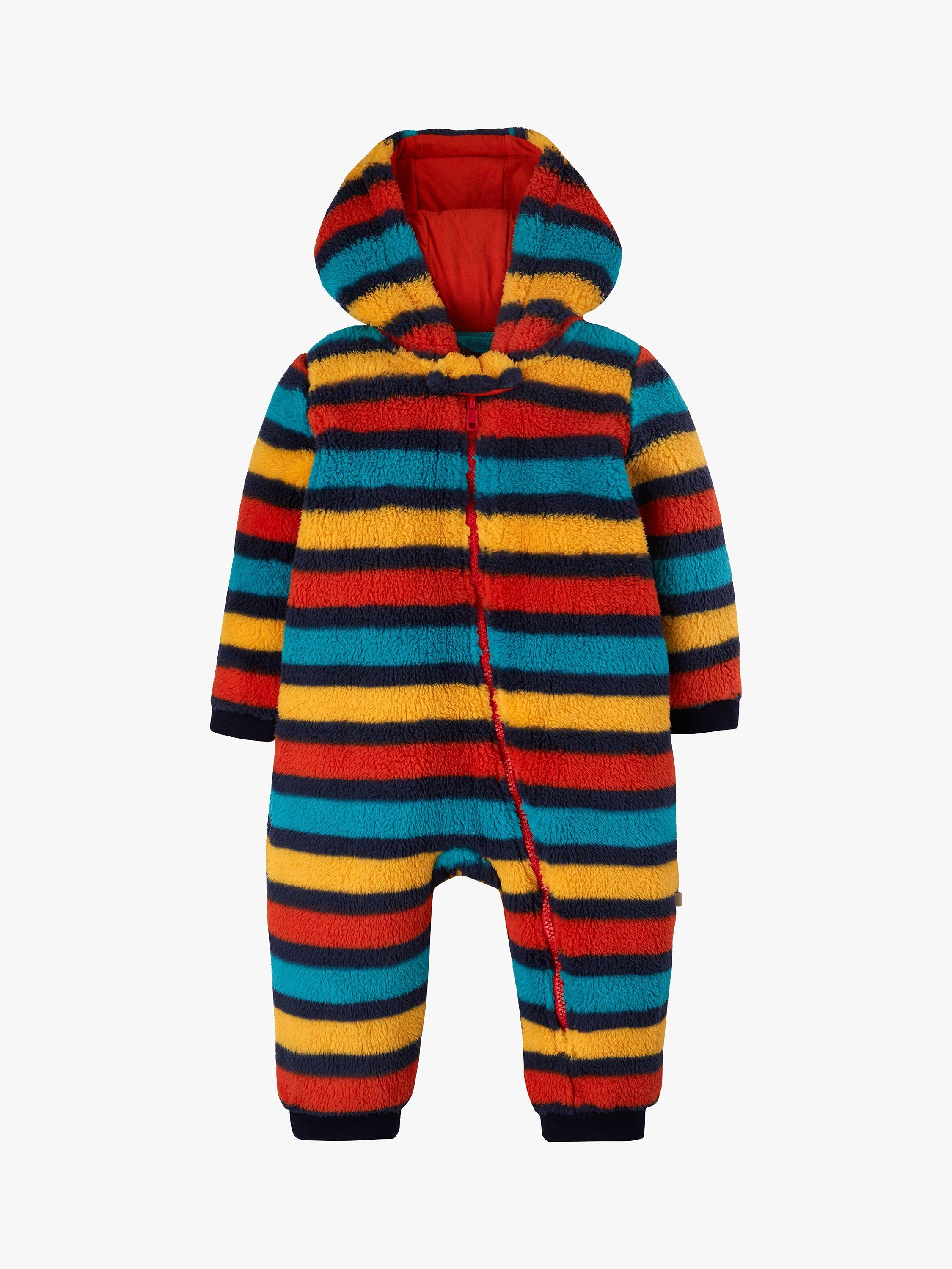 Product image 1 of 5, which shows Frugi Baby Ted Fleece Snuggle Suit, Camper Rainbow Stripe, Newborn
